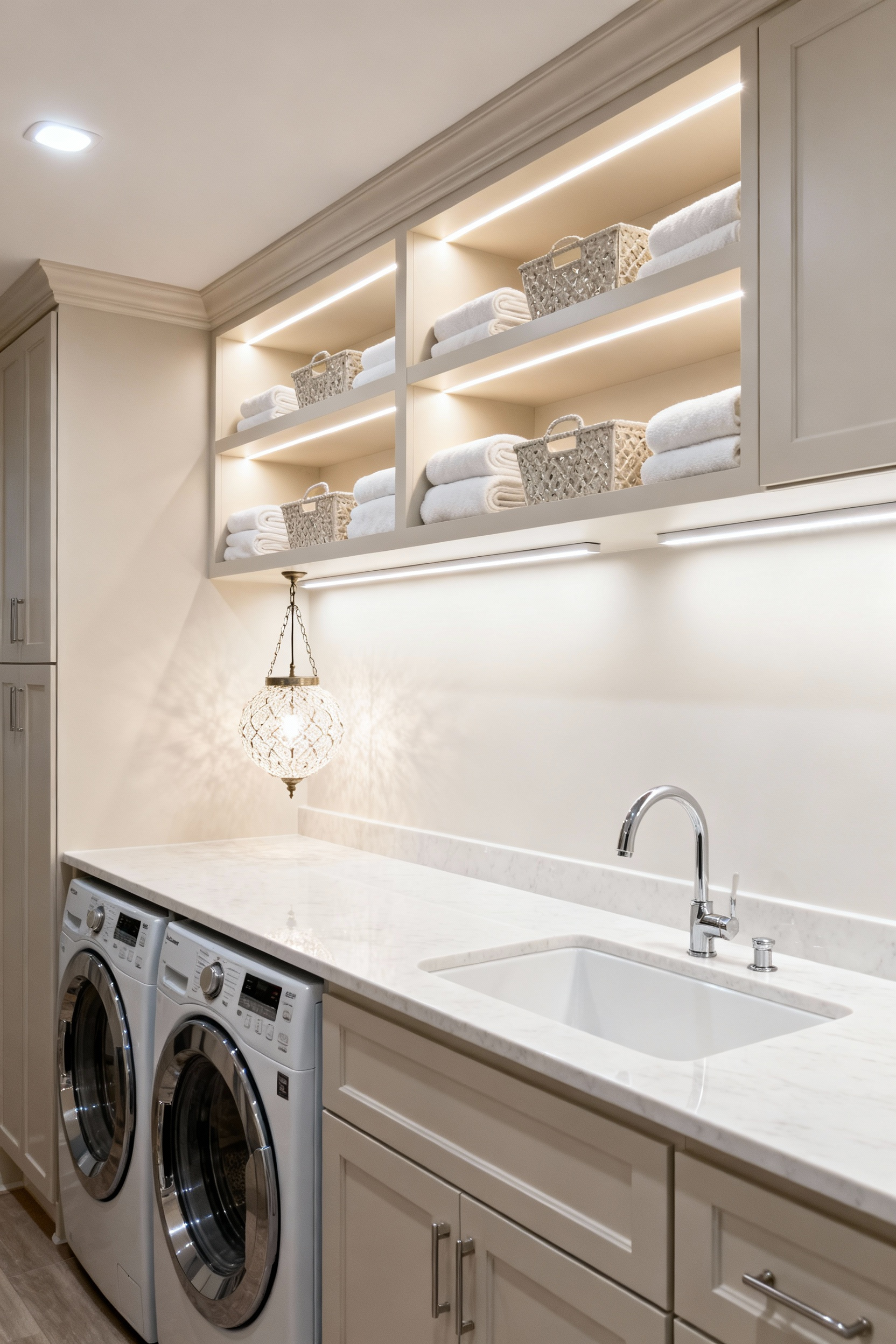 Modern laundry room interior with layered lighting including recessed ceiling lights, under-cabinet task lighting, and accent LED strips on shelving, illustrating strategic illumination for efficiency.