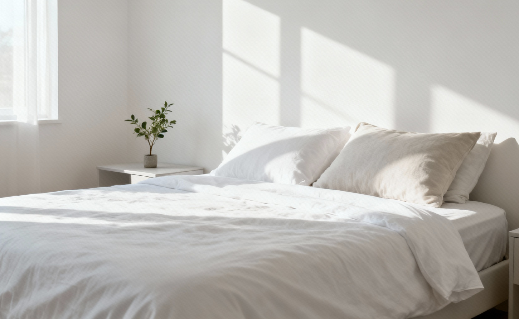 A serene, minimalist bedroom with clean lines and decluttered surfaces, illuminated by soft natural light. Represents the calm achieved through bedroom decluttering.