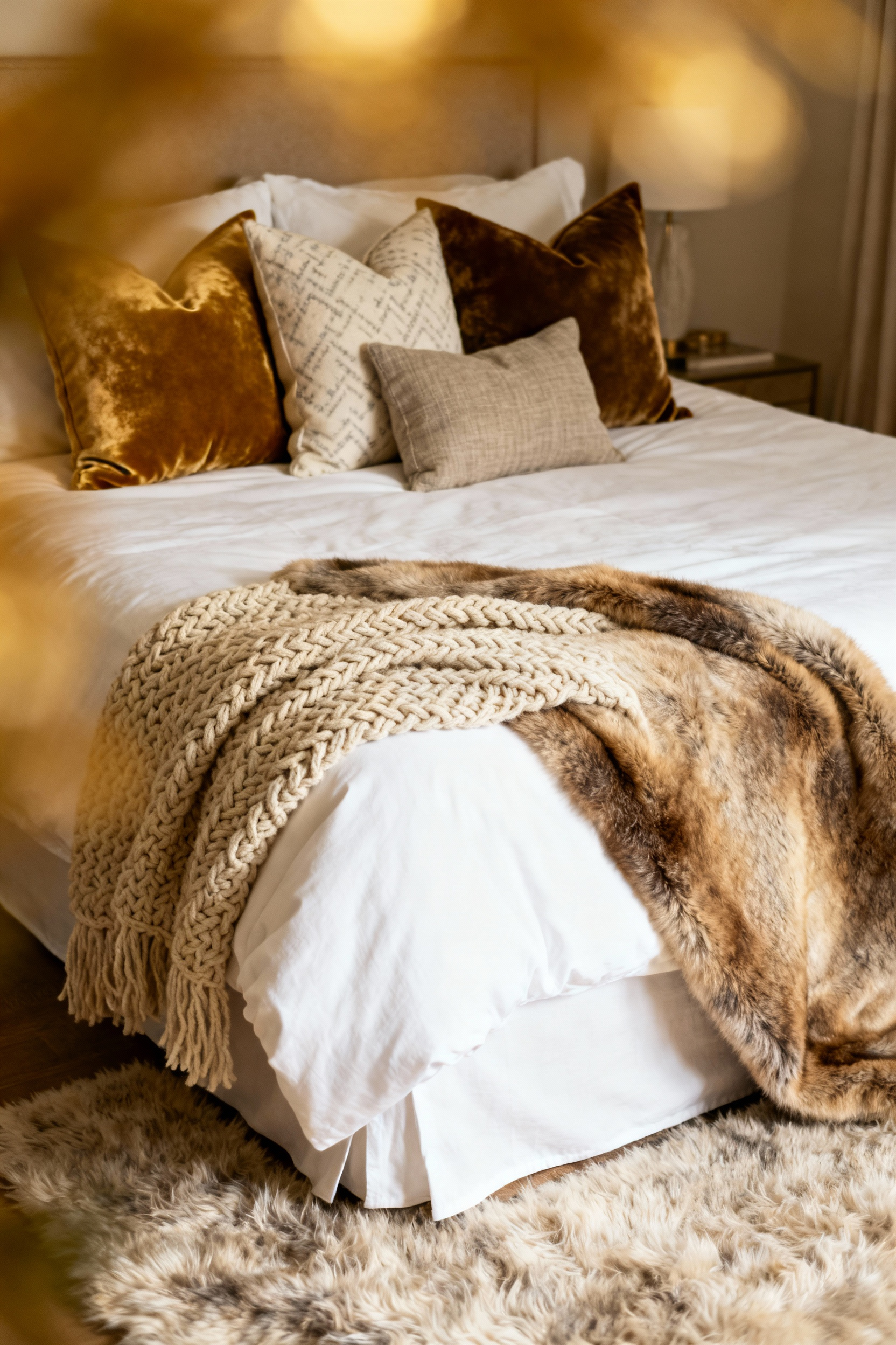 Bedroom with a bed showcasing harmonious textile layering, featuring a white duvet, chunky knit throw, faux fur blanket, and various textured decorative pillows, under soft natural light.