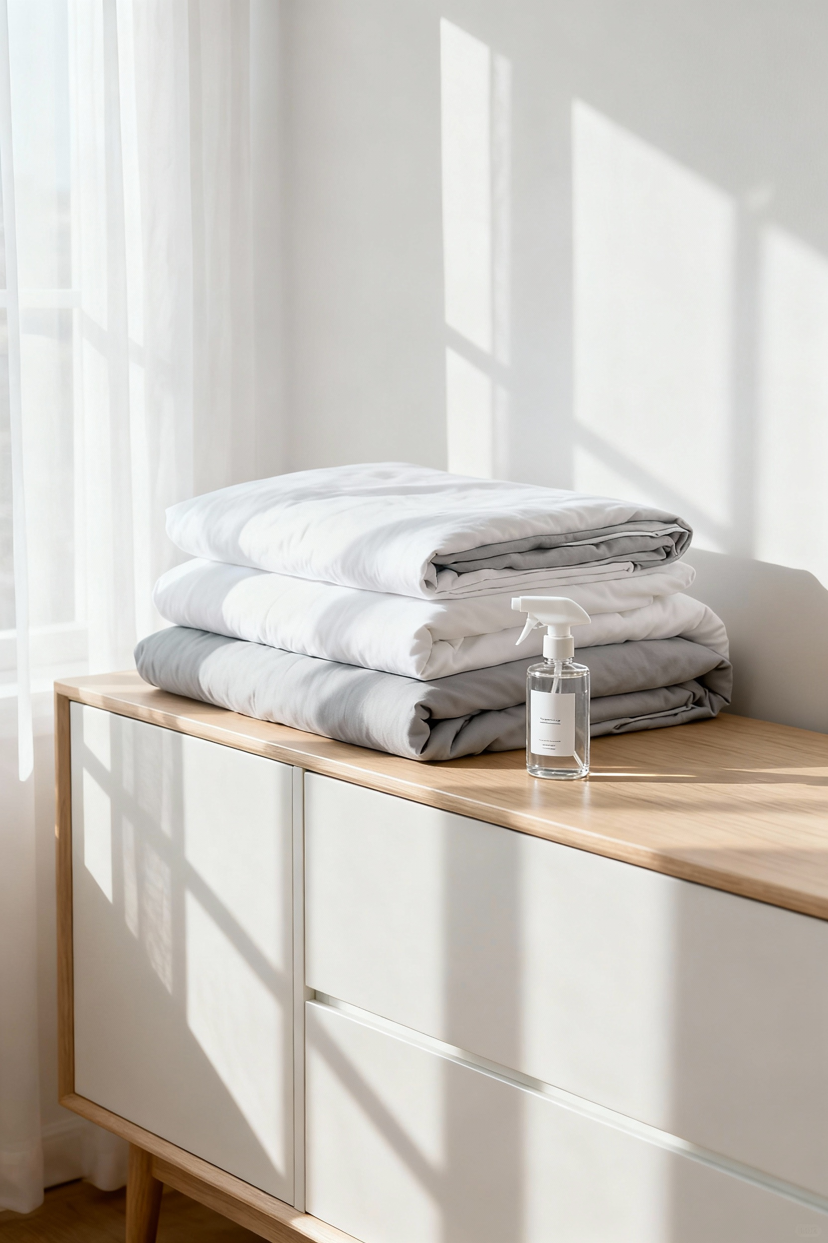 A neatly arranged pile of fresh, clean bedroom linens with a fabric refresher spray on a dresser in a serene bedroom, symbolizing personalized textile care and maintenance rituals for an elevated space.