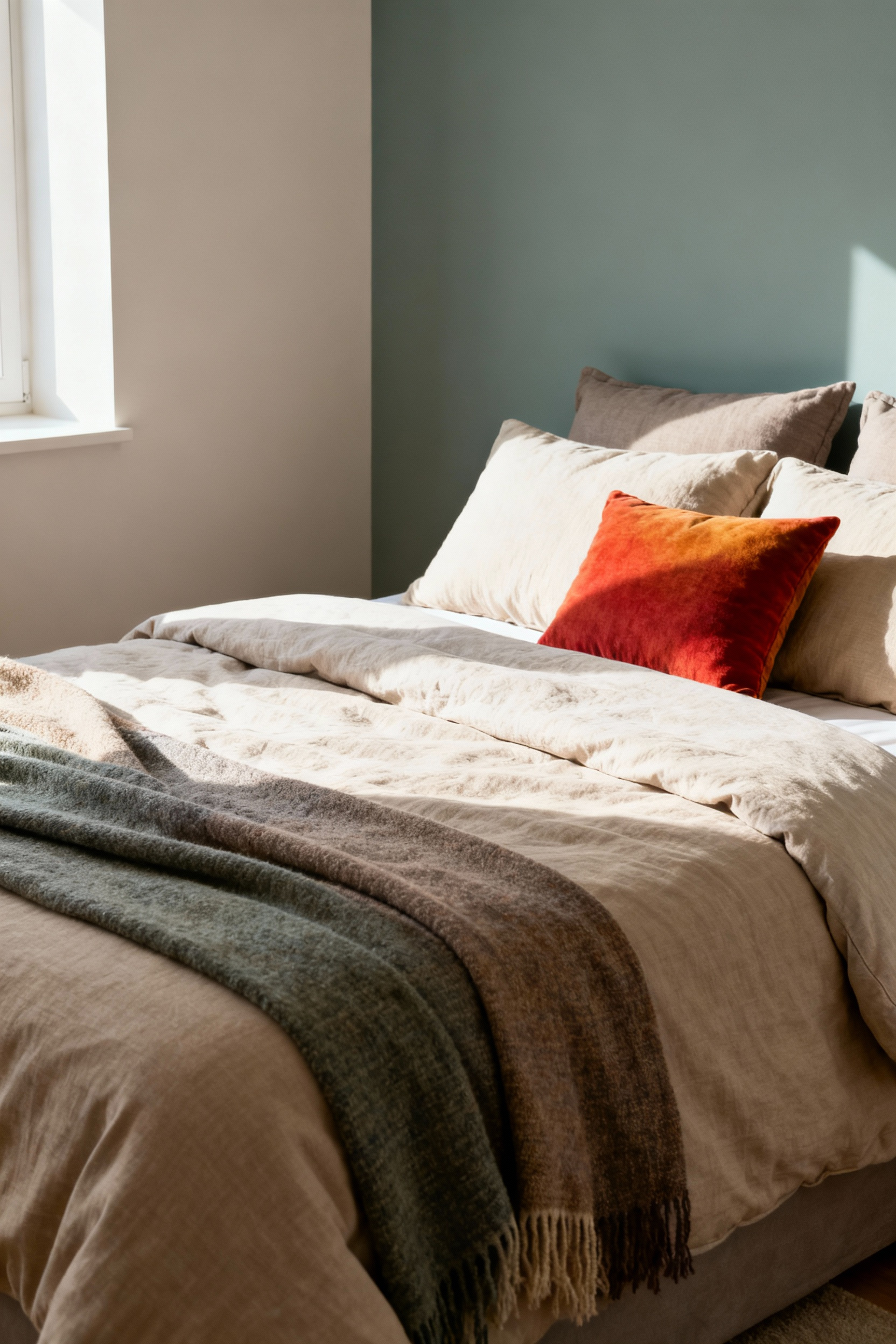 A tranquil bedroom showcasing a cohesive color palette with layered textiles in coordinated shades, creating a harmonious and inviting atmosphere.