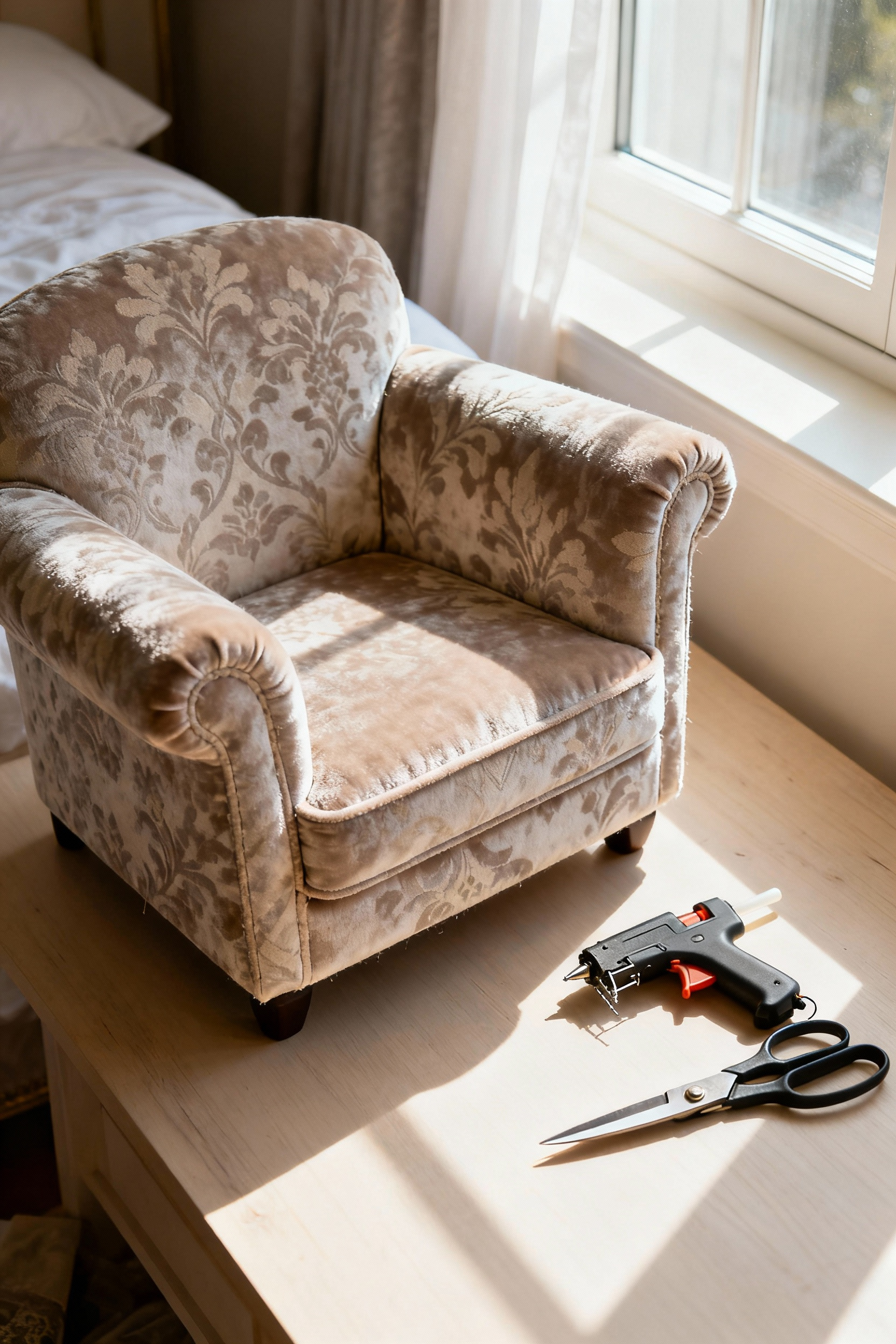 Close-up of a stylish, newly upholstered small accent chair with patterned fabric in a bright bedroom corner, featuring a professional DIY upholstery finish.