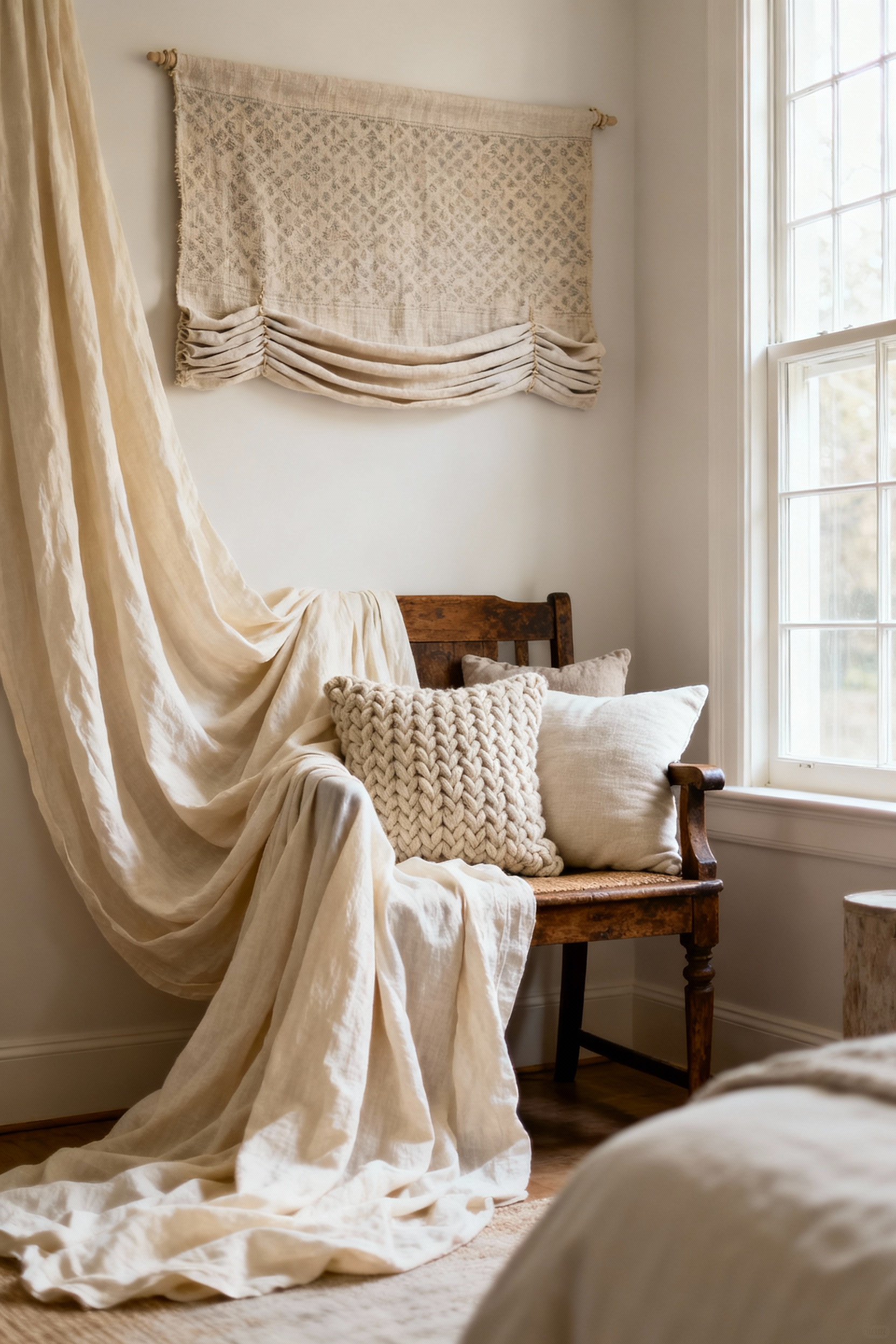 Bedroom corner with an antique chair draped in repurposed cream linen, and a fabric accent wall mimicking a headboard made from a patterned tapestry. Several coordinating throw pillows made from upcycled fabrics add texture.