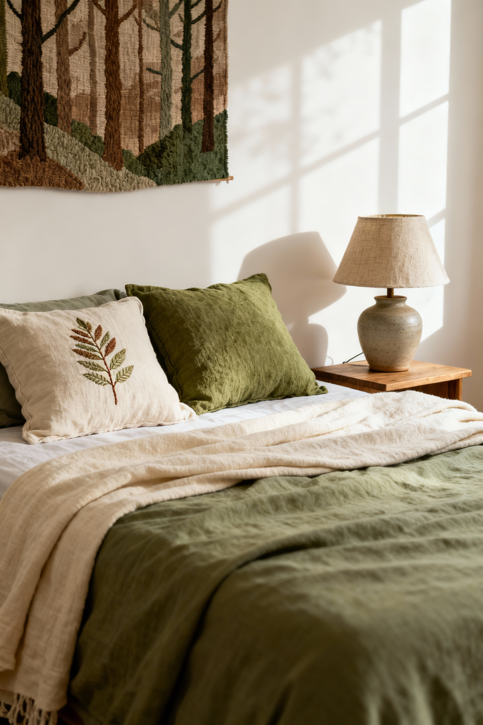 Bedroom with sage green linen bedding and moss green throw pillows featuring subtle leaf patterns, complemented by a textured fabric wall art evoking nature. A tranquil, low-maintenance green-themed bedroom.