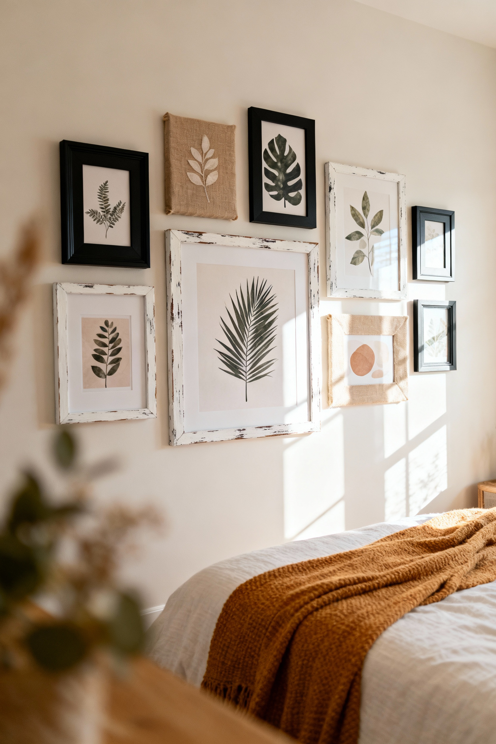 A stylish DIY gallery wall in a cozy bedroom, featuring various sizes of upcycled frames painted in matte black and distressed white, filled with free botanical and abstract art printables, complementing soft grey bedding under warm natural light.