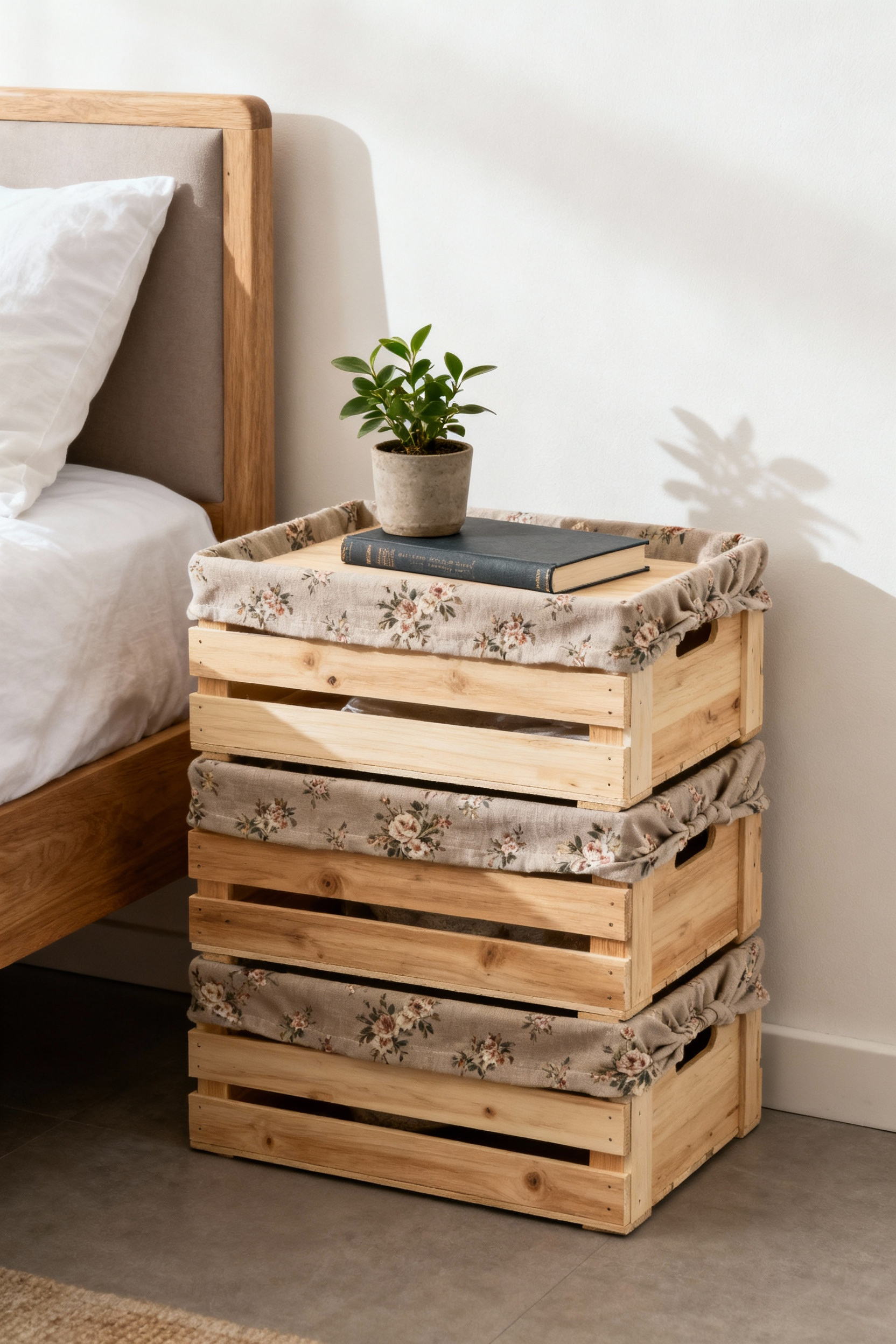 Stylish bedroom featuring a stack of three fabric-lined wooden crates repurposed as a nightstand, showcasing smart upcycled storage solutions and organization.