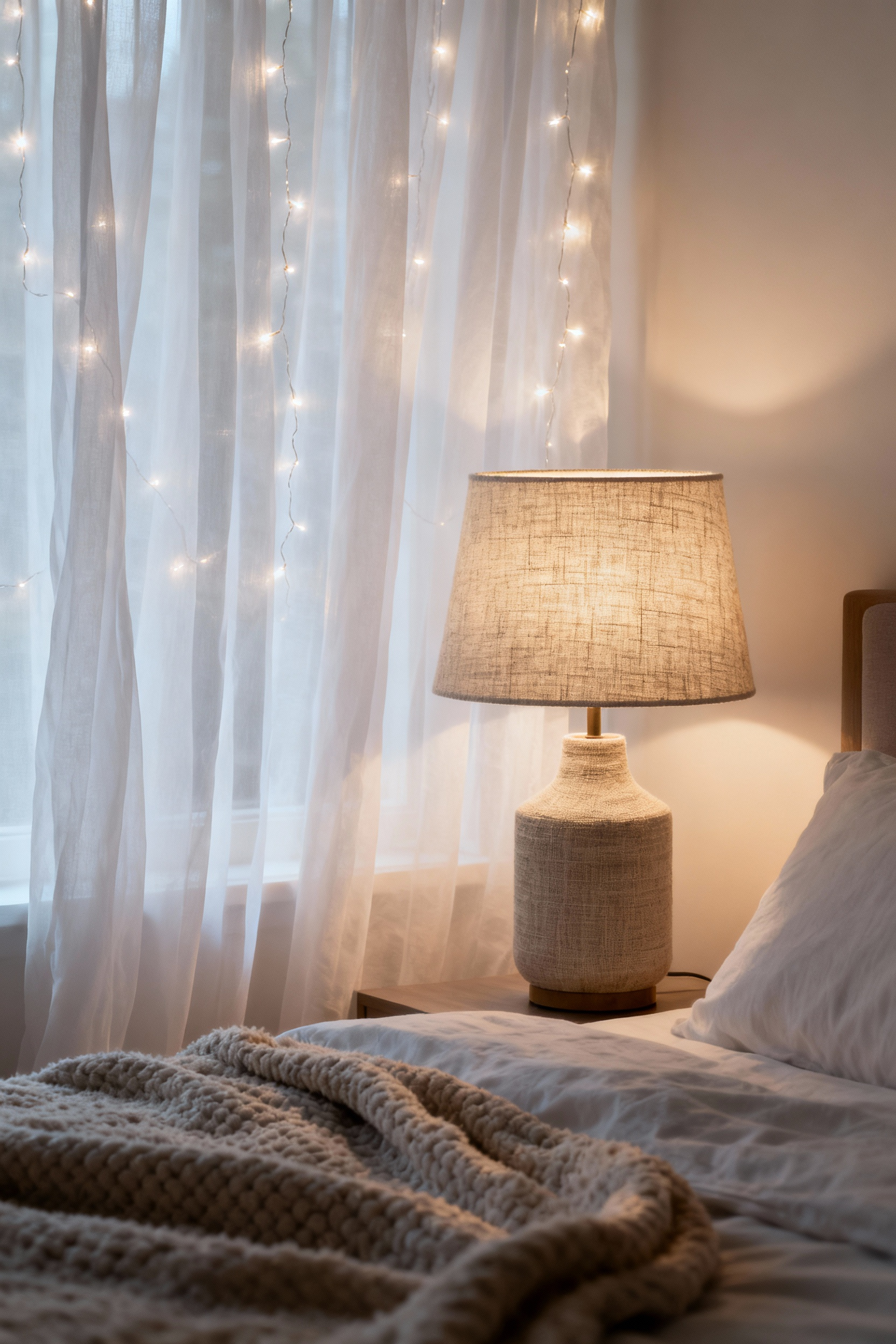 Bedroom with warm layered lighting, a DIY fabric lampshade, and fairy lights behind sheer curtains, creating a cozy and luxurious ambiance without direct light sources suggesting cost.