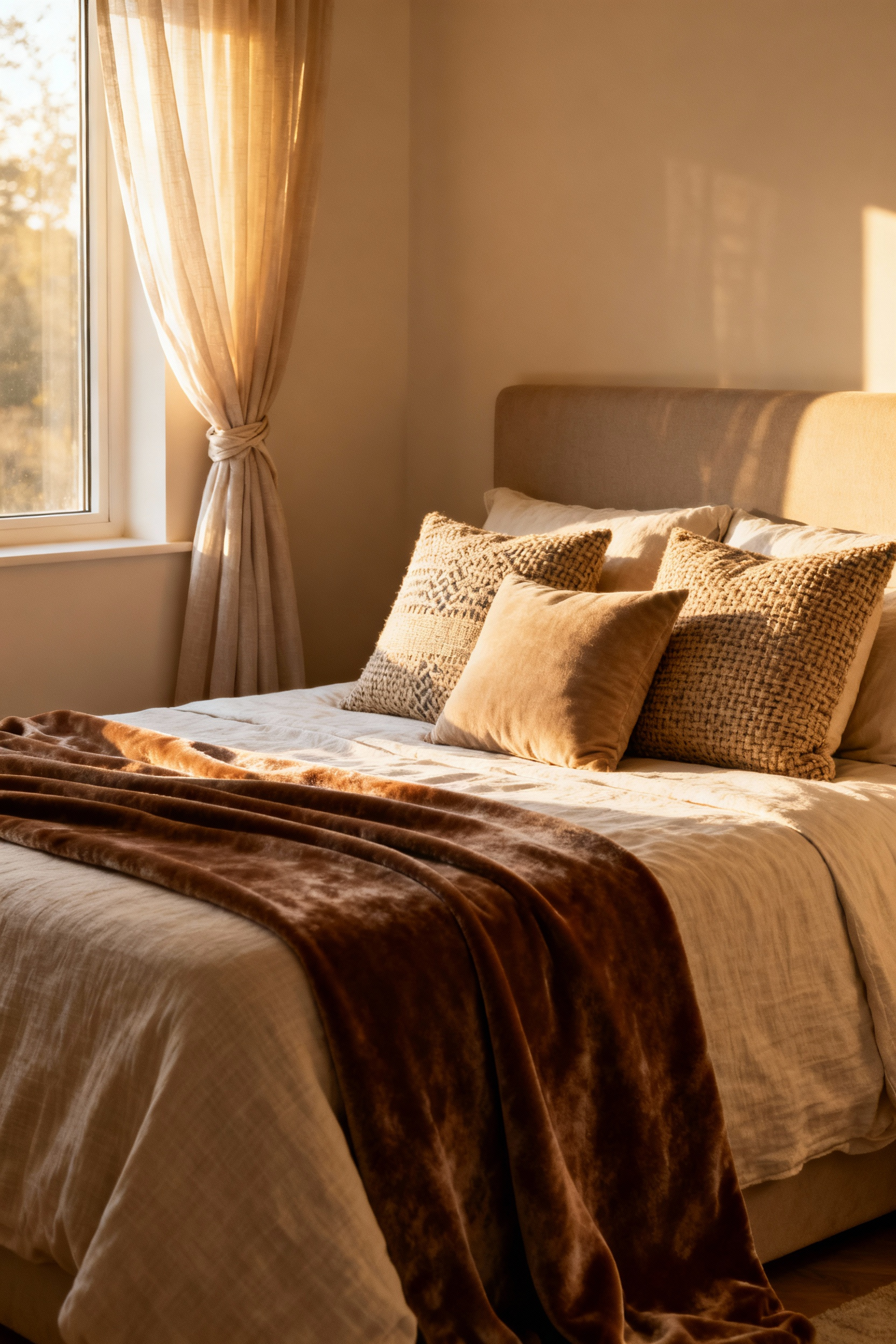 A freshly updated bedroom featuring a bed with layered textiles including a velvet throw and textured throw pillows, and a new curtain panel near a window, showcasing continuous design evolution through small-scale budget refreshments.