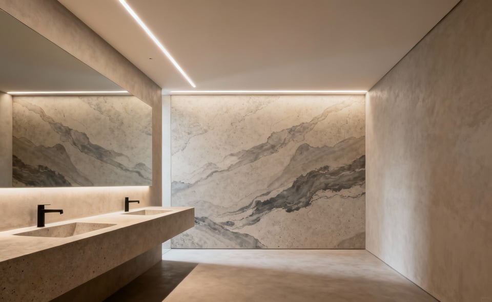 Architectural photo of a luxurious, bespoke bathroom wall featuring custom-printed sintered stone panels with integrated LED lighting and seamless micro-cement, creating a serene and modern sensory experience.