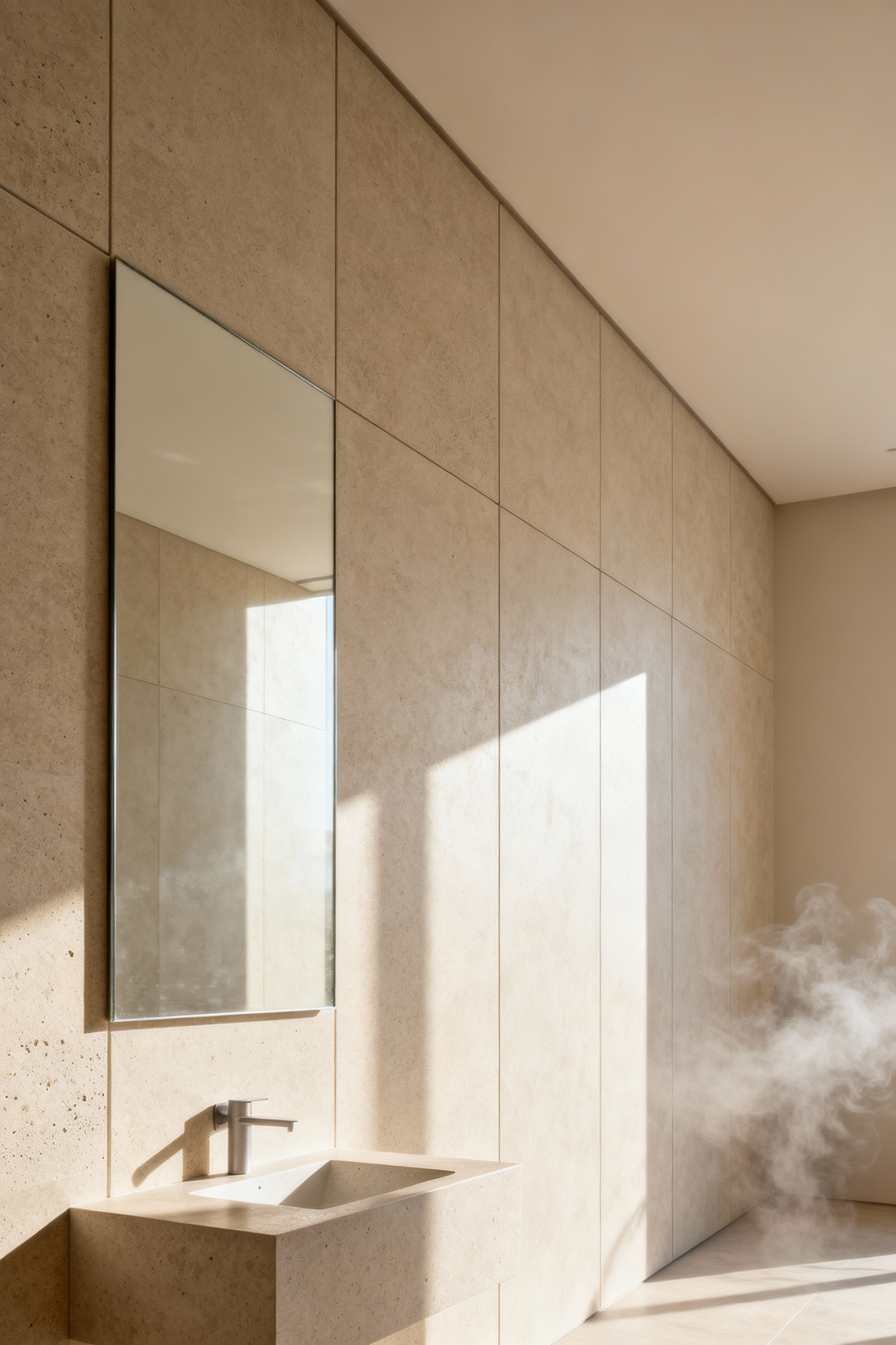 Modern bathroom featuring walls constructed with advanced thermodynamic materials to naturally regulate humidity and temperature, creating a balanced and serene environment.