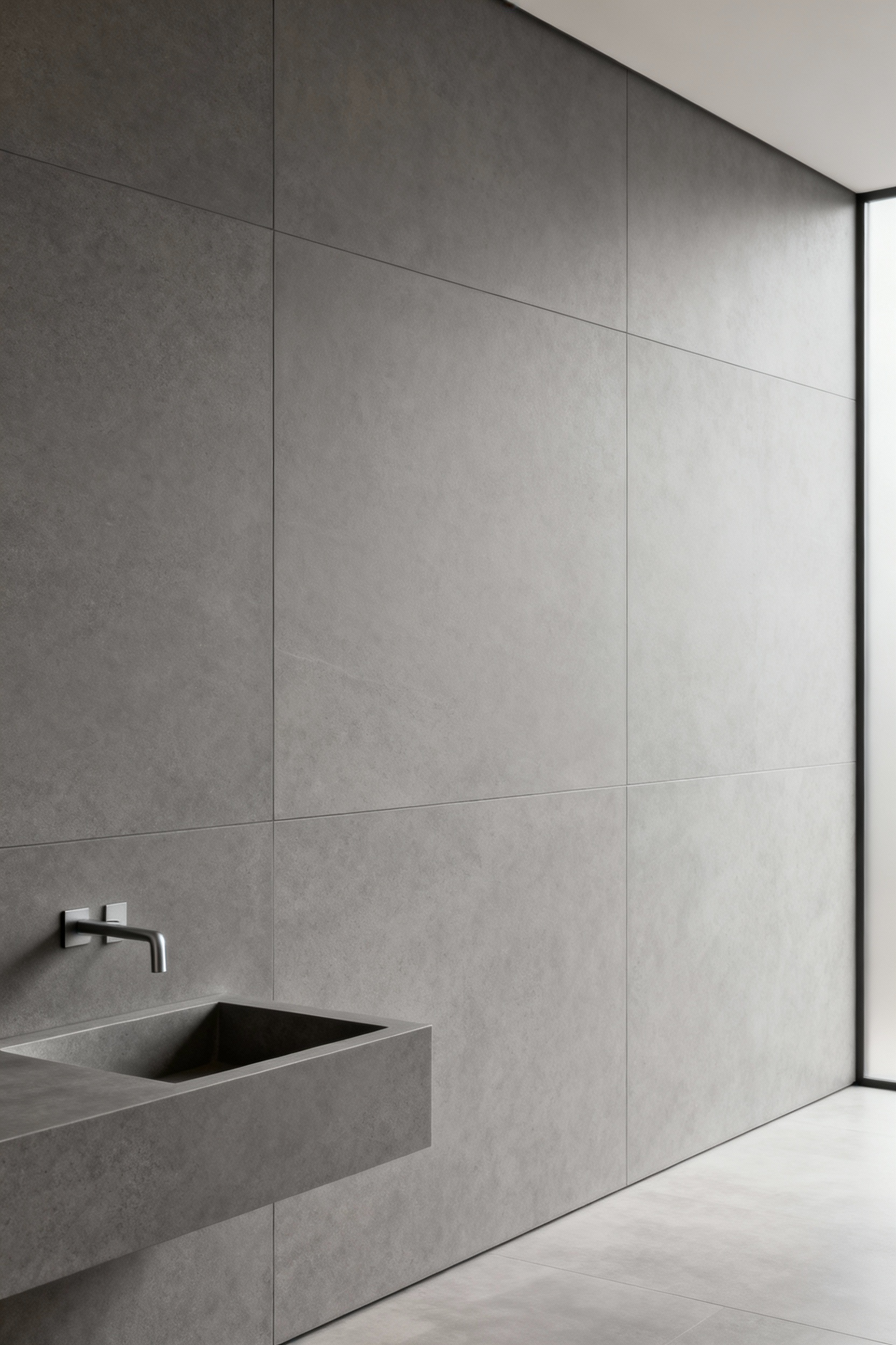 Modern bathroom with large-format gray sintered stone wall panels, showcasing durable, low-maintenance finishes for bathroom longevity.