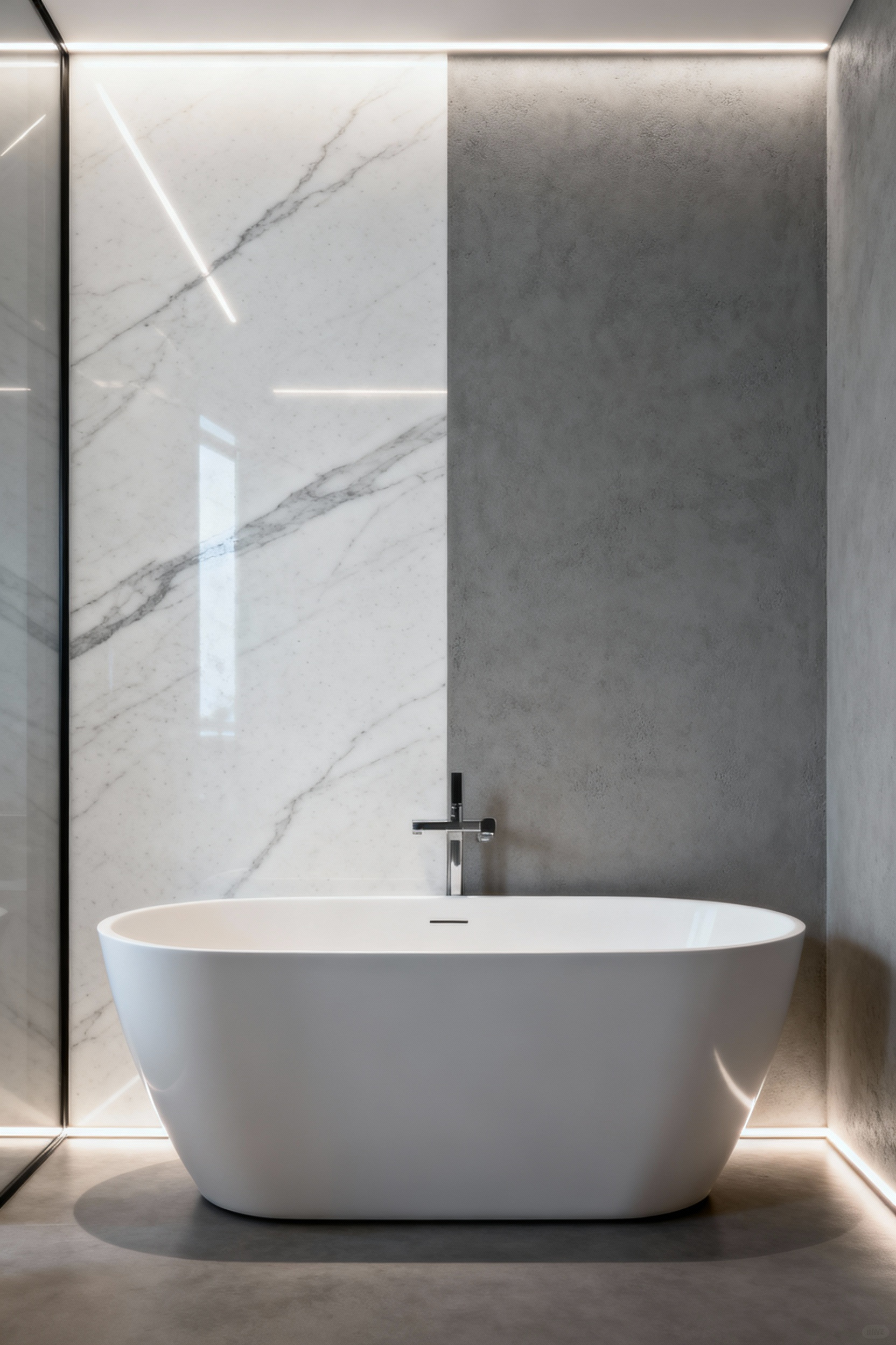 Modern bathroom with a feature wall segmented into polished white sintered stone and matte grey micro-cement, creating a focal vestibule with strong visual gravity and enhanced spatial depth.