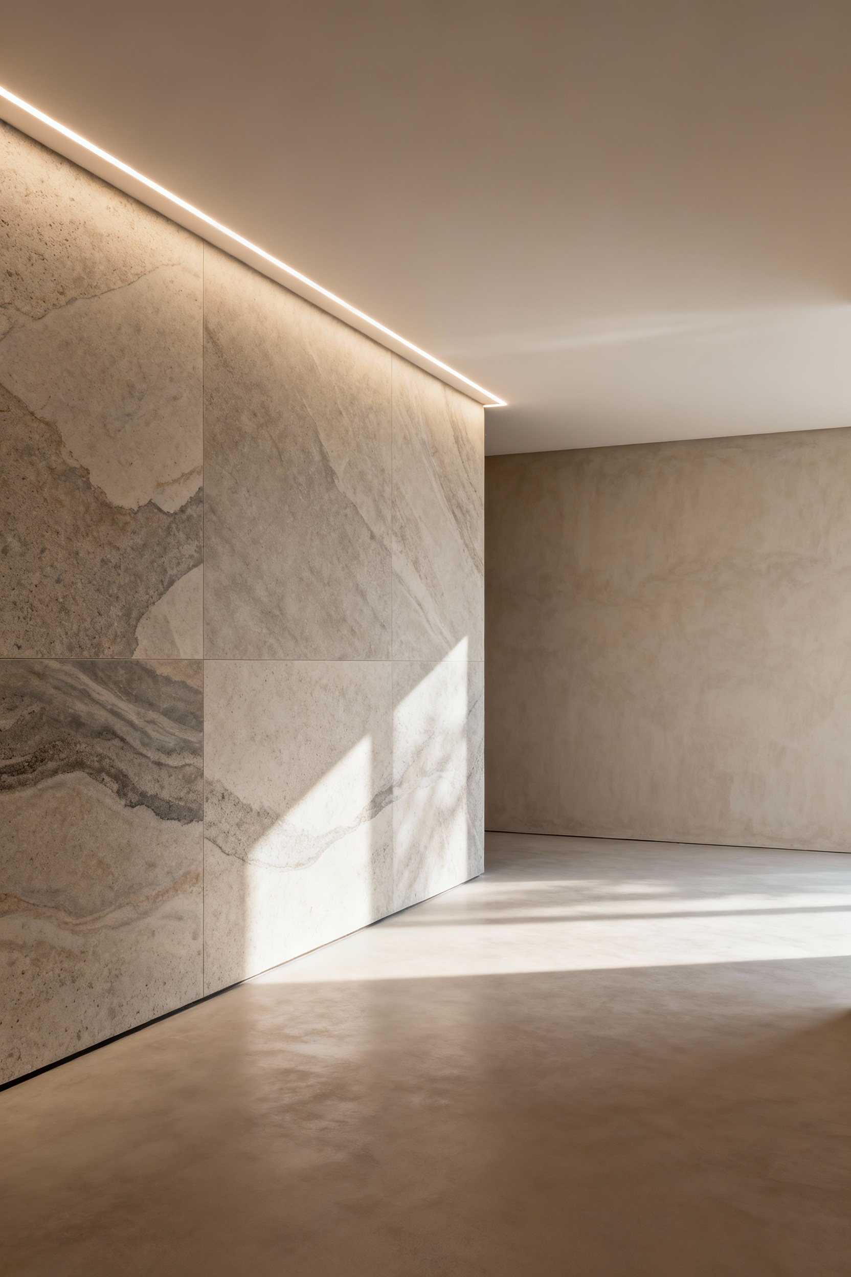 Architectural photo of a luxurious, bespoke bathroom wall featuring custom-printed sintered stone panels with integrated LED lighting and seamless micro-cement, creating a serene and modern sensory experience.