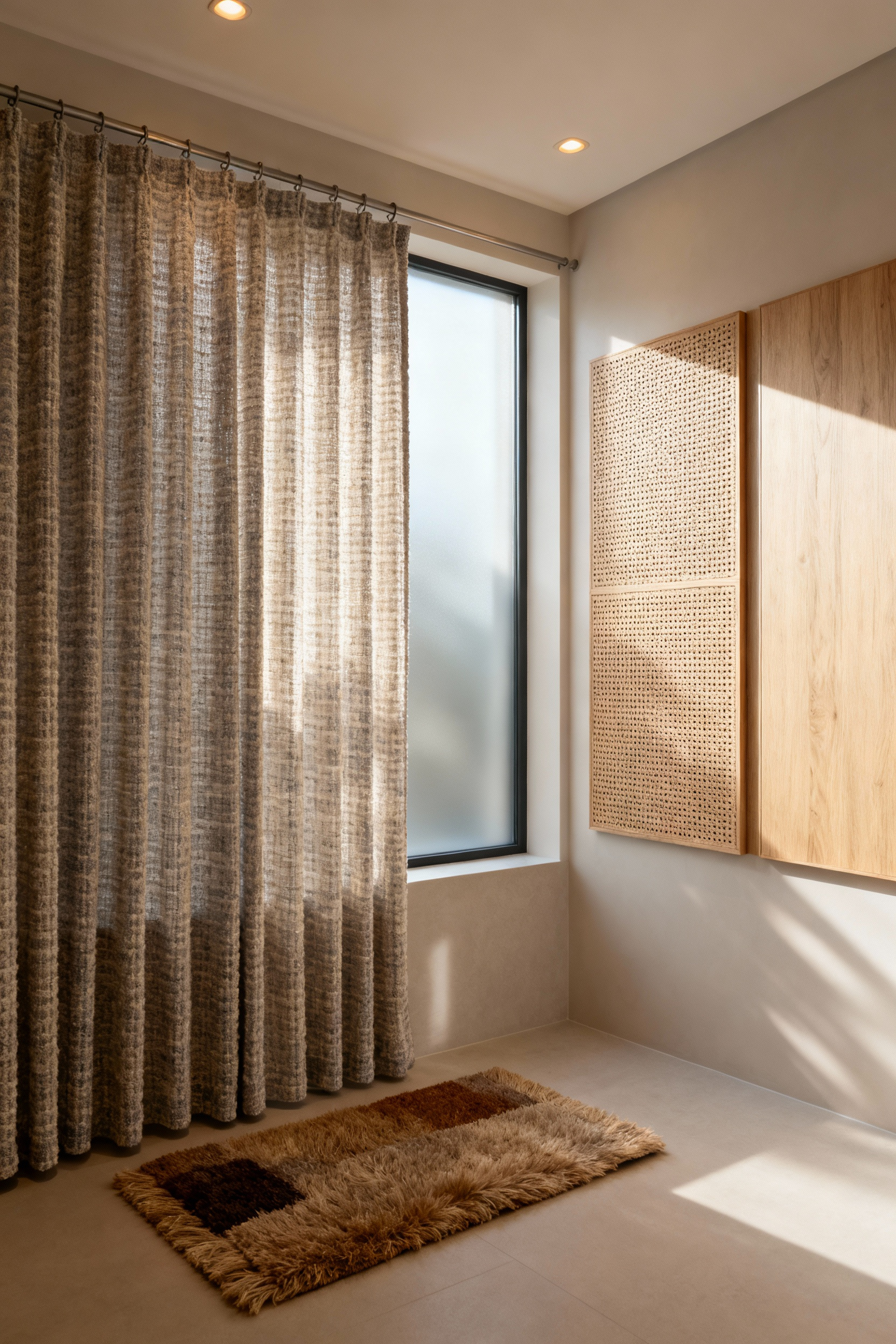 Modern bathroom with a large fabric shower curtain, textured bathmat, and discreet wooden acoustic panels on a wall, showcasing a design focused on sound absorption and reverberation reduction. Serene and quiet aesthetic.