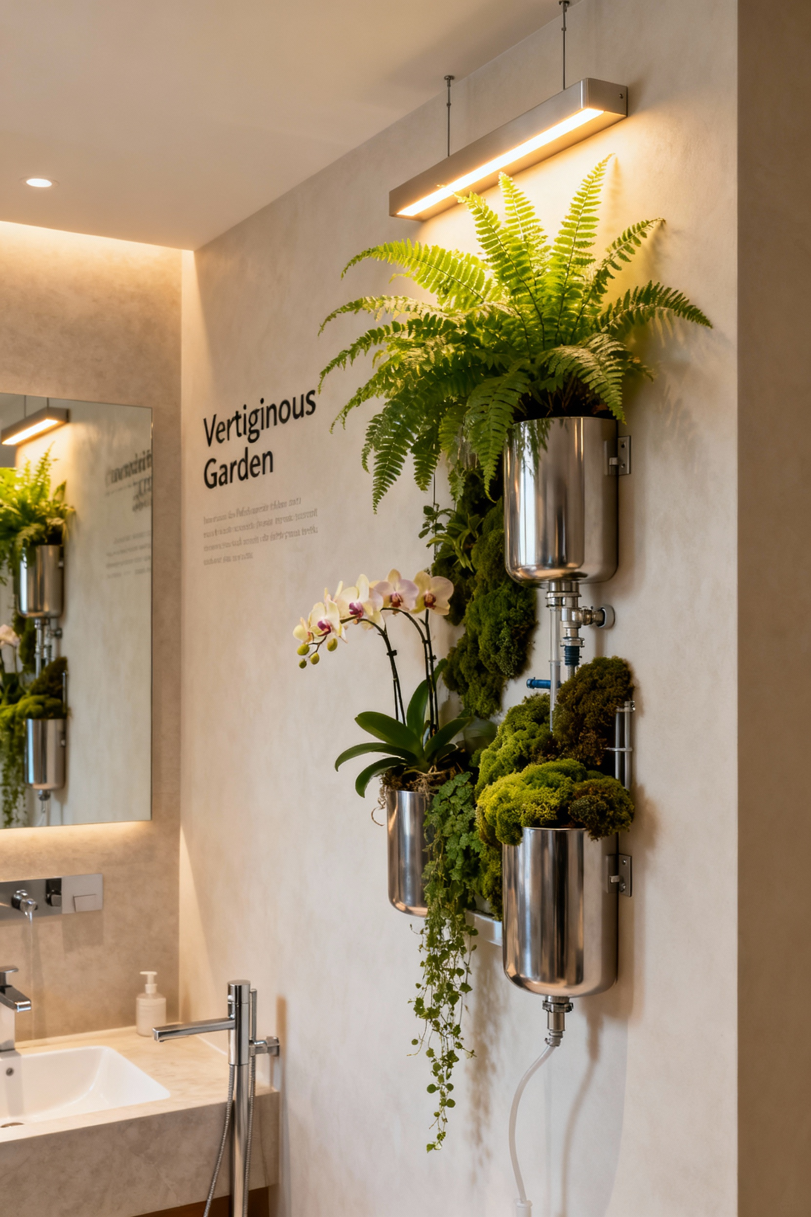 Professional photo of a modern bathroom with a full-height living wall using suspended planter systems, featuring ferns, orchids, and moss under soft LED grow lights.
