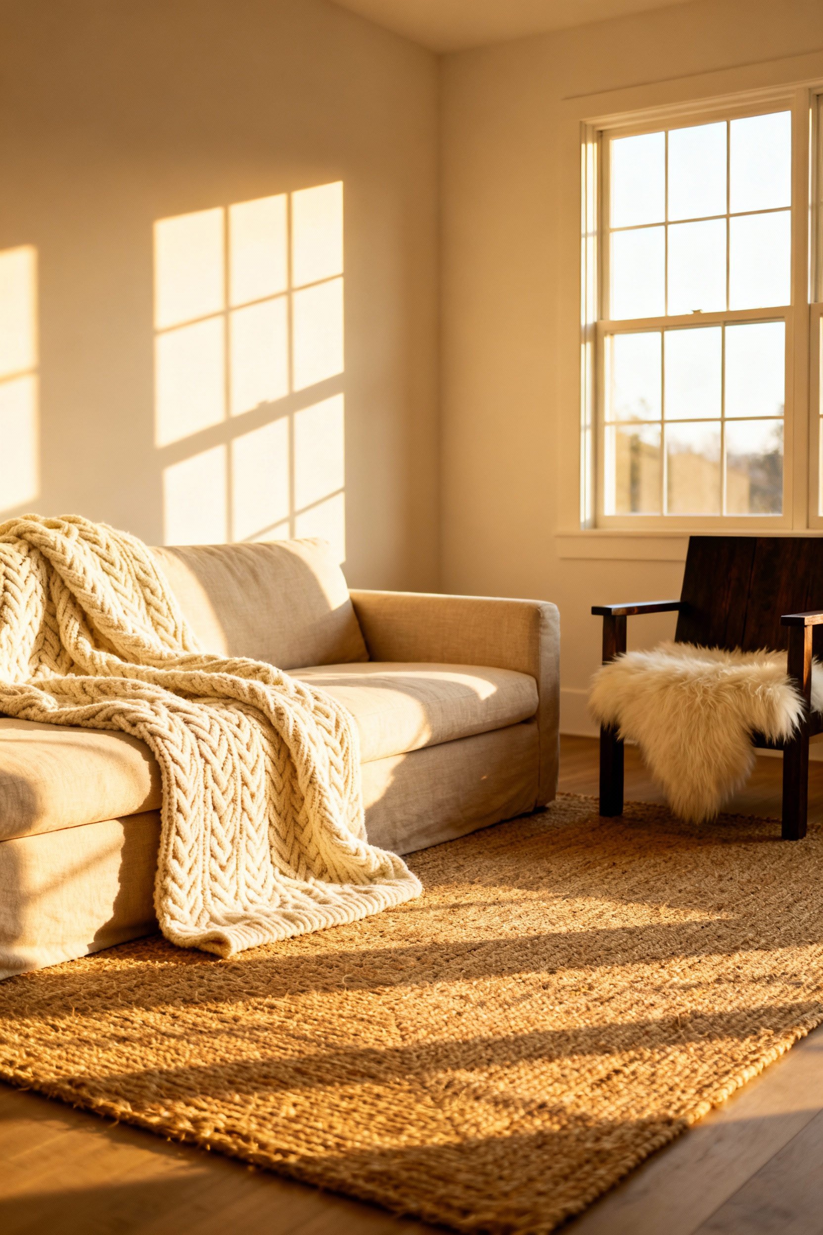 A bright living room showcasing the texture rule of three, featuring a woven jute rug, a knit throw blanket, and a shearling sheepskin pelt on an armchair.