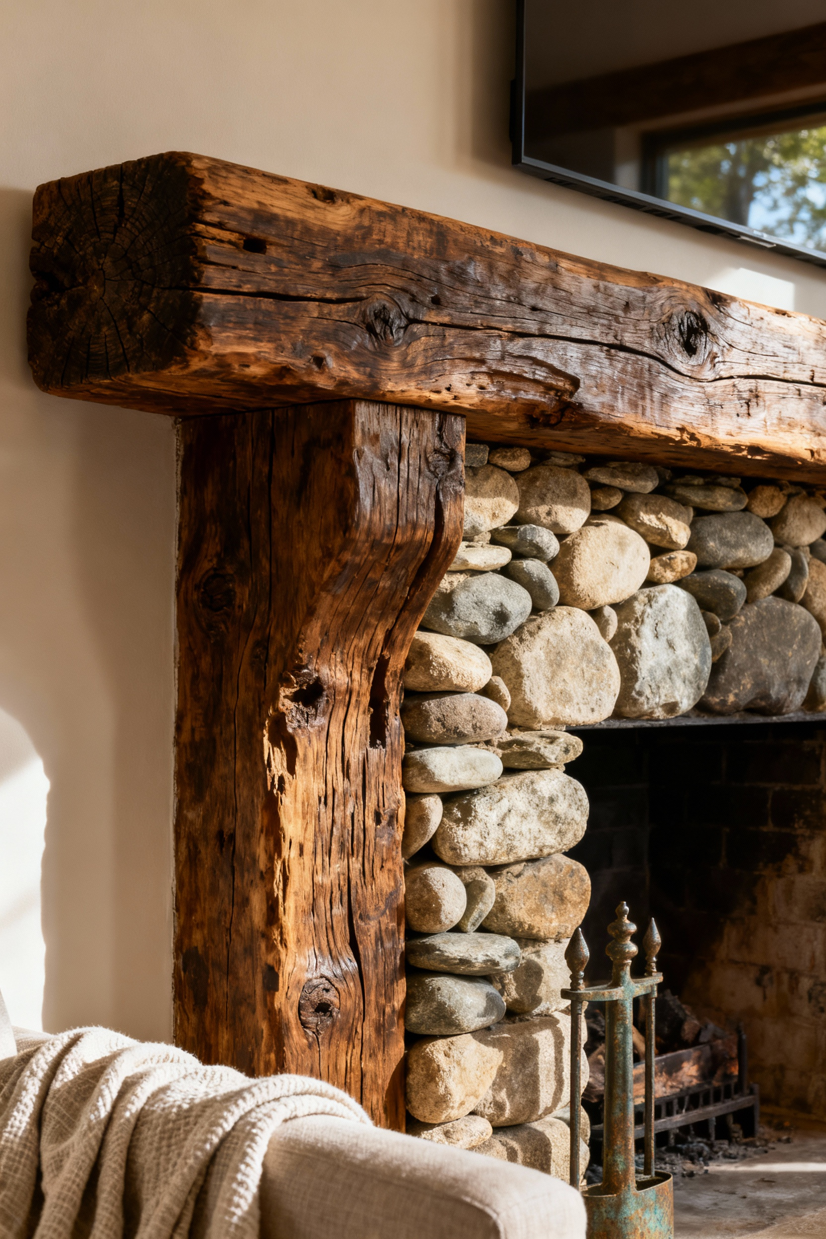 Rustic living room detail showcasing a reclaimed wooden beam, dry-stacked river stones, and linen fabric under natural light, emphasizing material history and authentic textures.