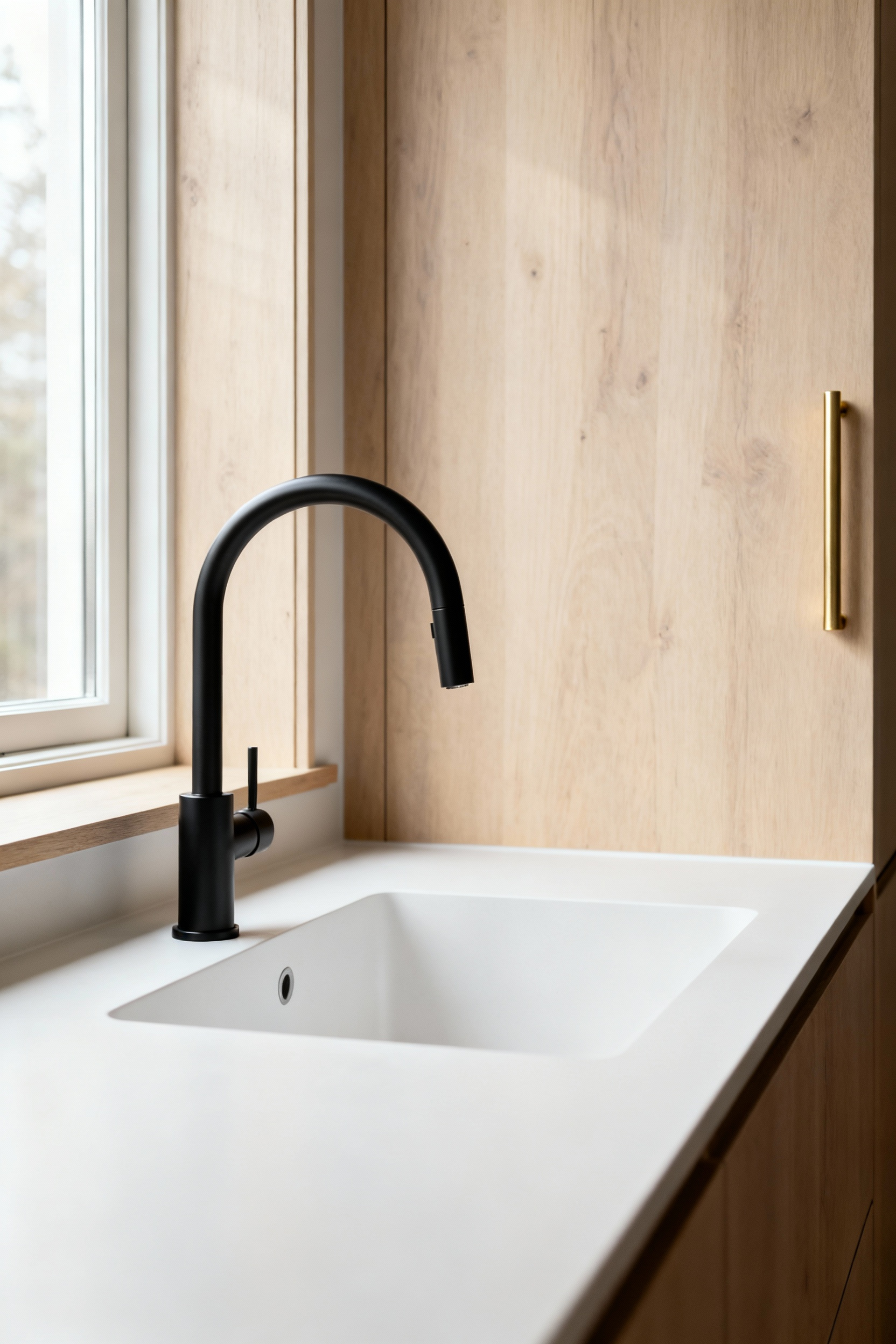 Close-up of a matte black, high-arc kitchen faucet and a sleek brushed brass cabinet pull on light ash cabinetry in a modern Scandinavian kitchen, highlighting ergonomic and tactile hardware choices.
