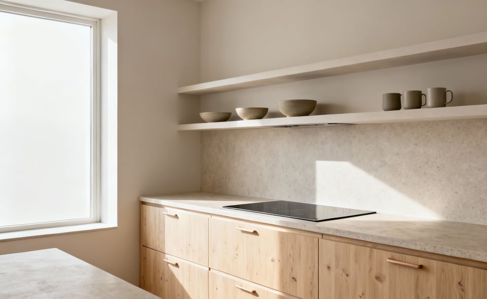 Bright, minimalist Scandinavian kitchen with light wood cabinetry, honed stone countertops, integrated induction hob, and open shelving featuring ceramic bowls. Natural light fills the serene, clutter-free space.