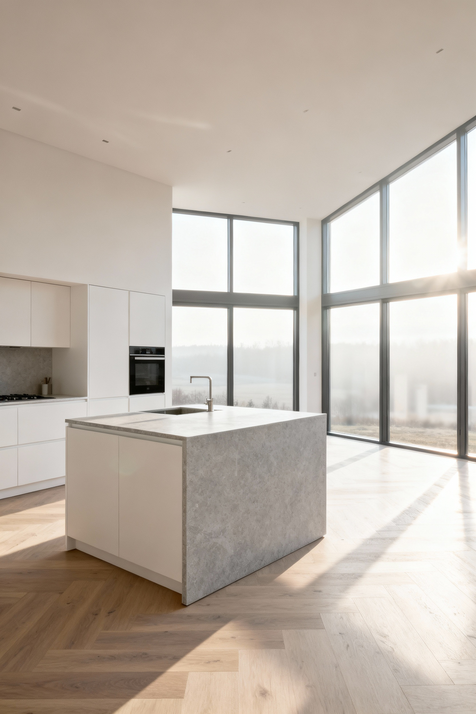 Bright Scandinavian kitchen with floor-to-ceiling windows, white cabinets, and light wood floors, bathed in natural daylight.
