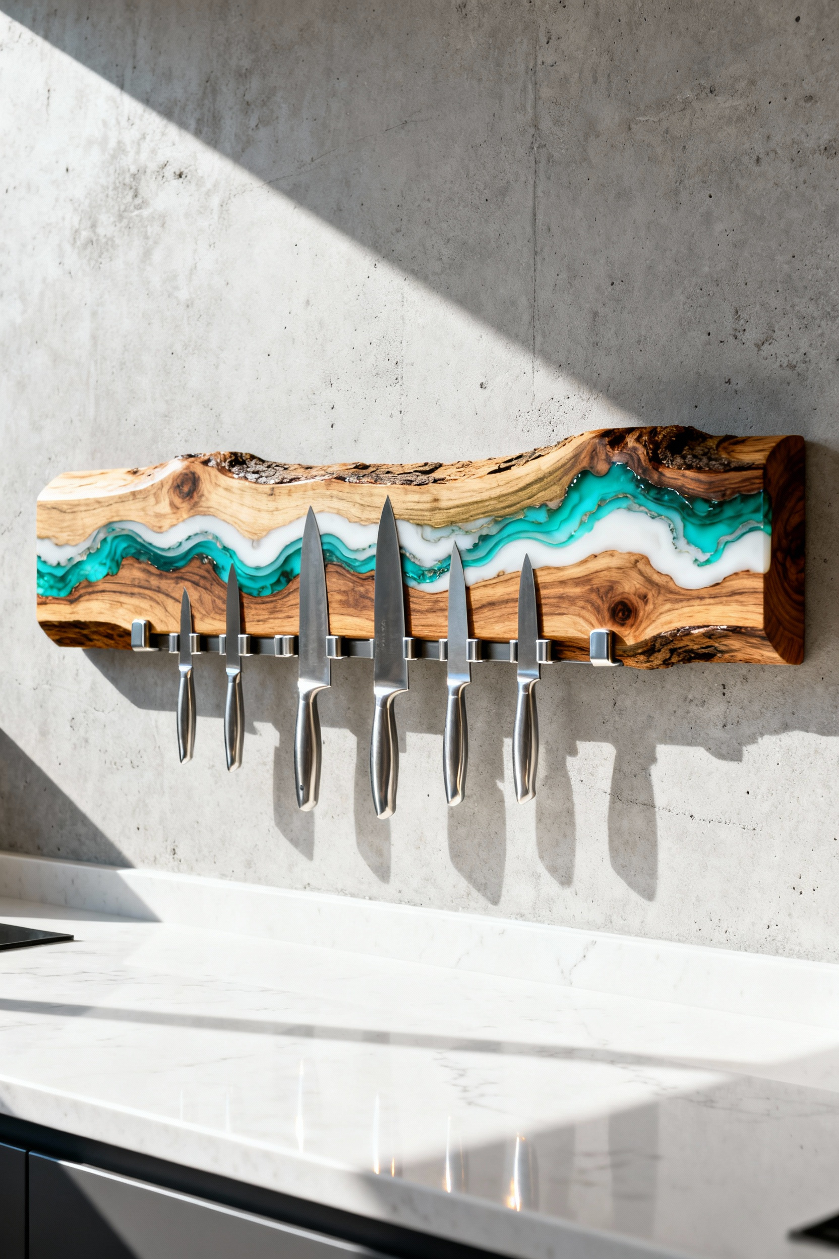 A photograph showcasing a live-edge olive wood magnetic knife bar with turquoise epoxy resin detailing mounted on a gray concrete kitchen wall, serving as modern sculptural decor.