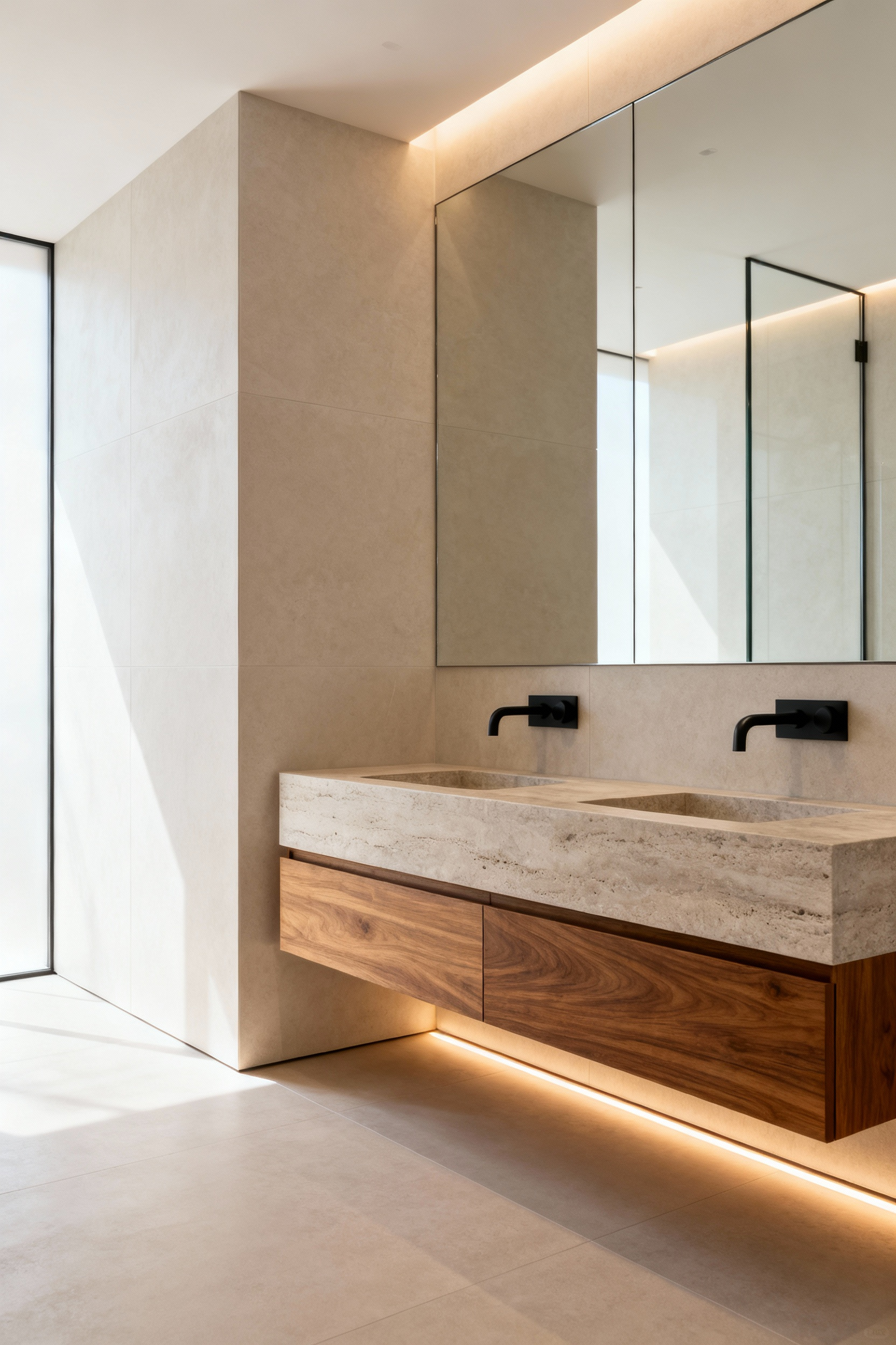 A minimalist modern luxury bathroom showcasing large-format, light gray porcelain slabs covering the walls for a seamless, monolithic look that maximizes spatial continuity.