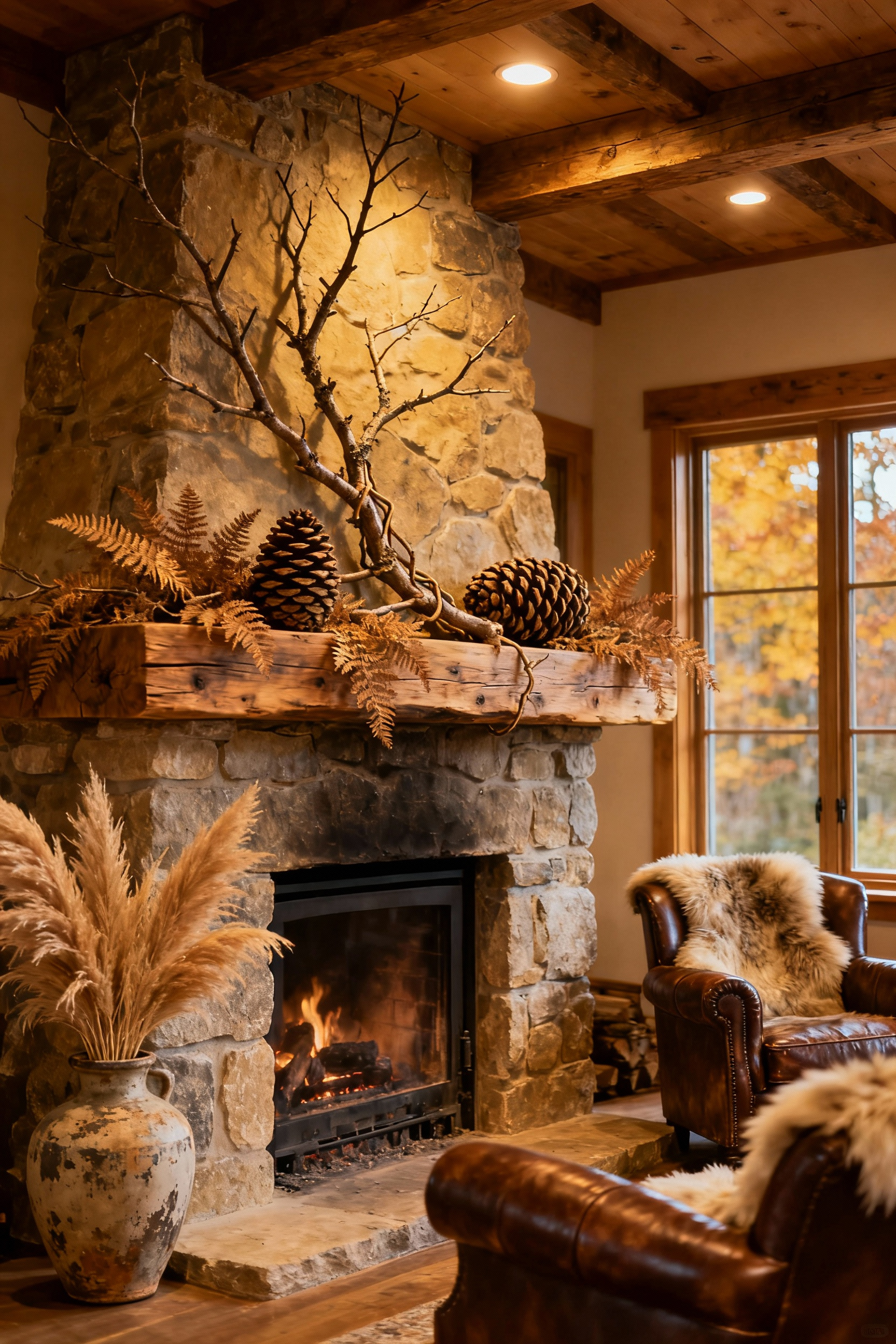 Rustic living room mantel with autumn seasonal accents: foraged branches, dried bracken, pinecones, stoneware vase with pampas grass, leather armchair, and sheepskin throw.