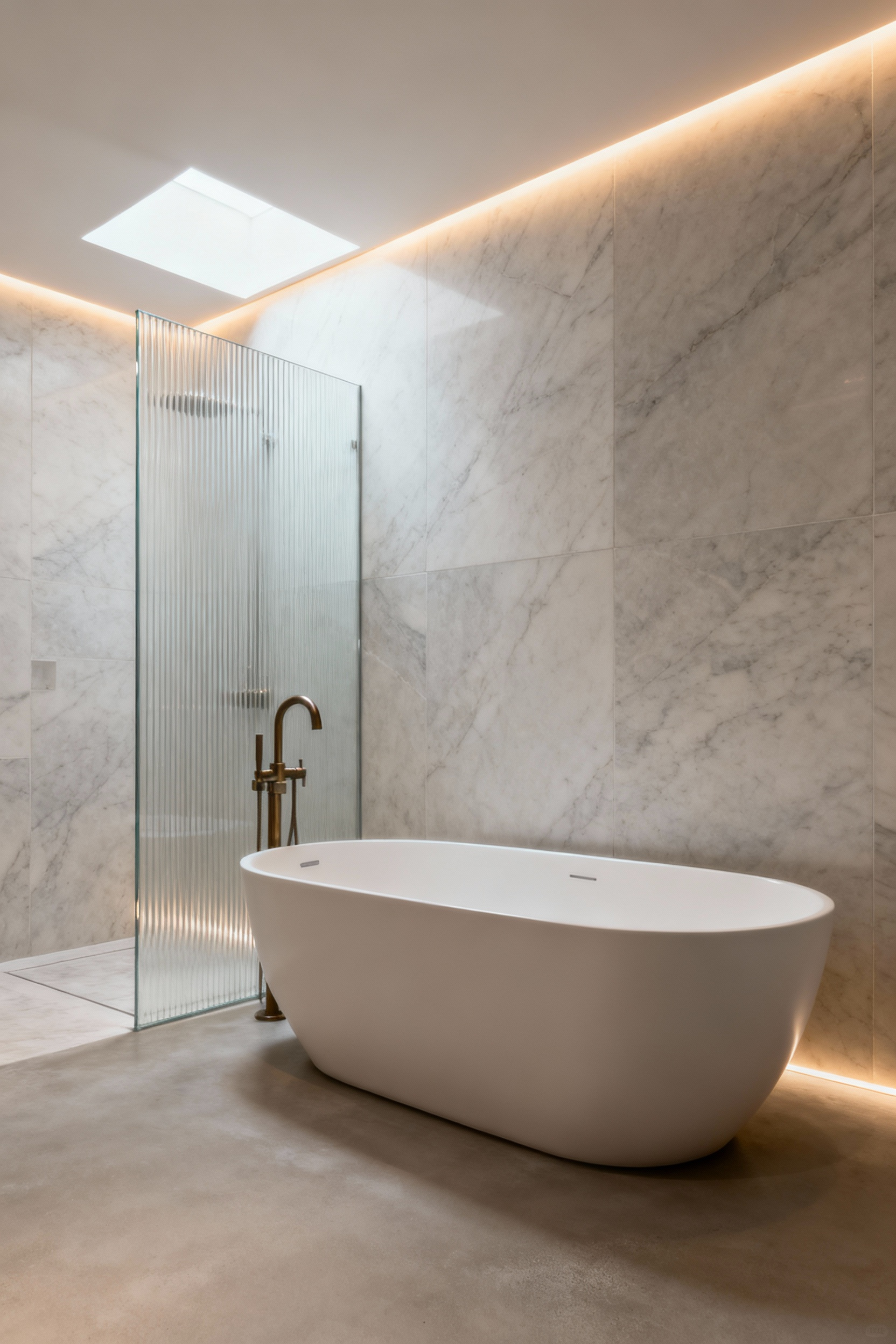 Minimalist bathroom with honed marble, microcement floor, matte tub, and subtle LED lighting. Emphasizing refined textures and warm ambiance for sensory resonance.