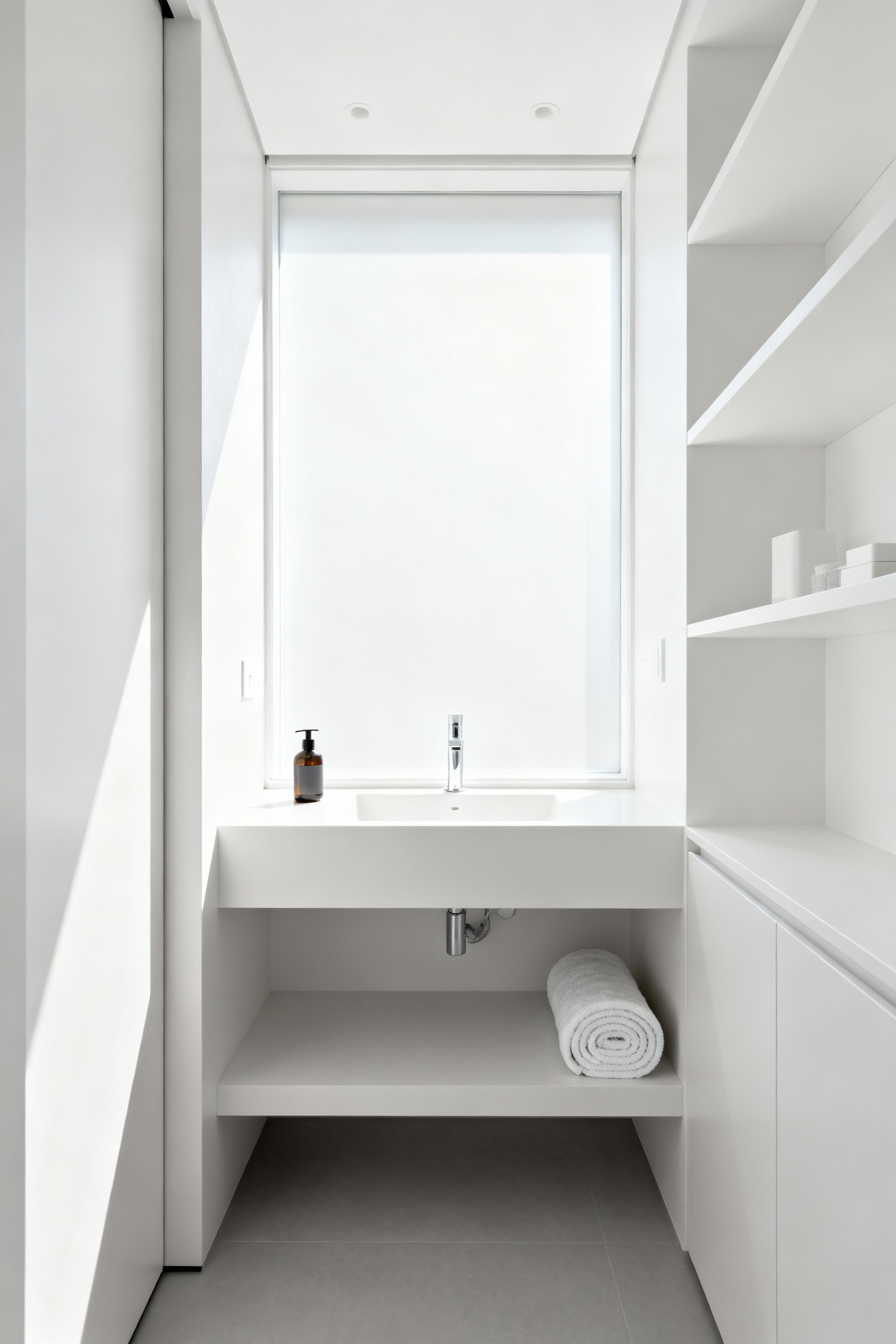 A pristine, decluttered small modern bathroom featuring minimalist design, bright natural light, and ample clear surface space, with a few neatly arranged essentials, emphasizing spatial clarity and organization after a rigorous decluttering process.