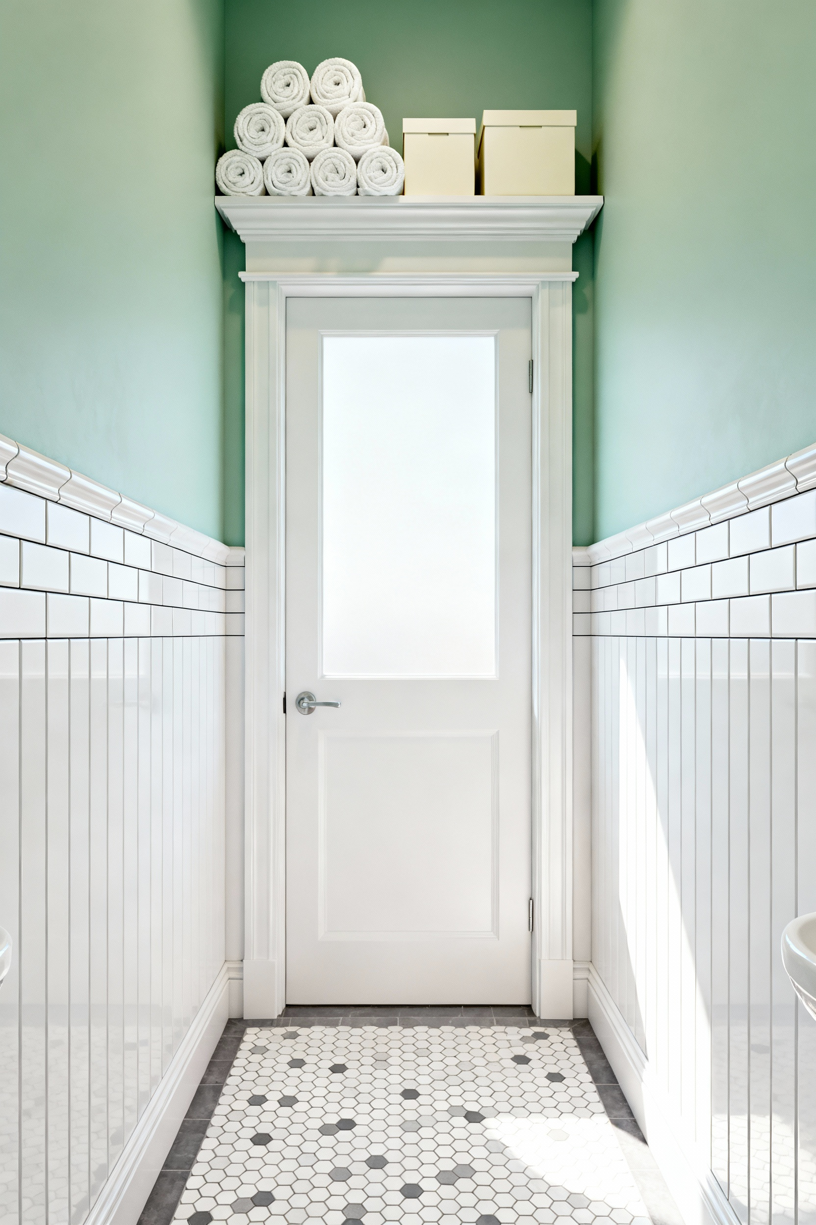 Small bathroom featuring a high architectural shelf installed above the doorway, utilized for stylish, non-footprint storage to create the illusion of height.