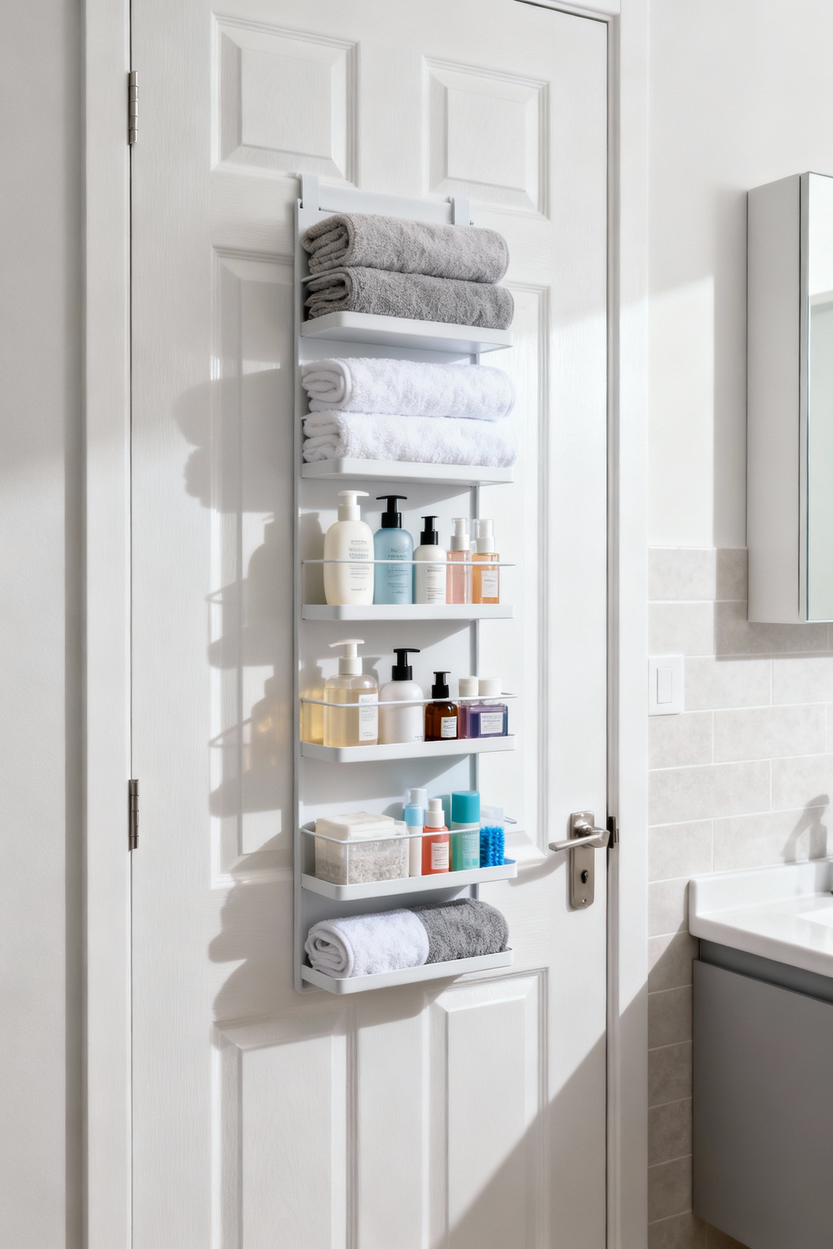 A white over-the-door organizer hanging on a closed white bathroom door, neatly filled with folded towels, toiletries, and cleaning supplies, showcasing efficient vertical storage in a small bathroom.