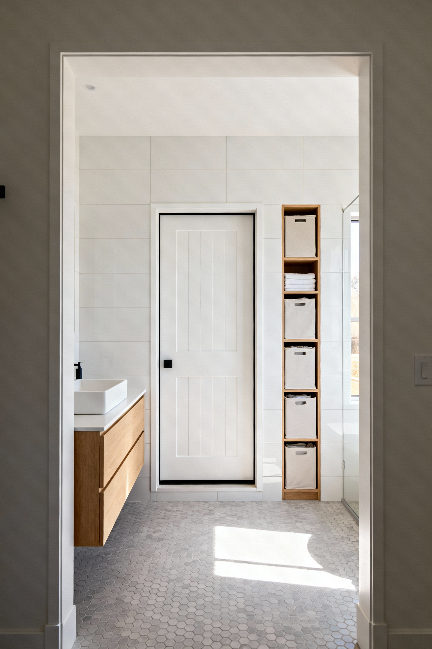 A small, modern bathroom interior showing a compact floating vanity and tall storage tower placed immediately next to a fully recessed pocket door opening, illustrating the significant space saved by eliminating a door swing.