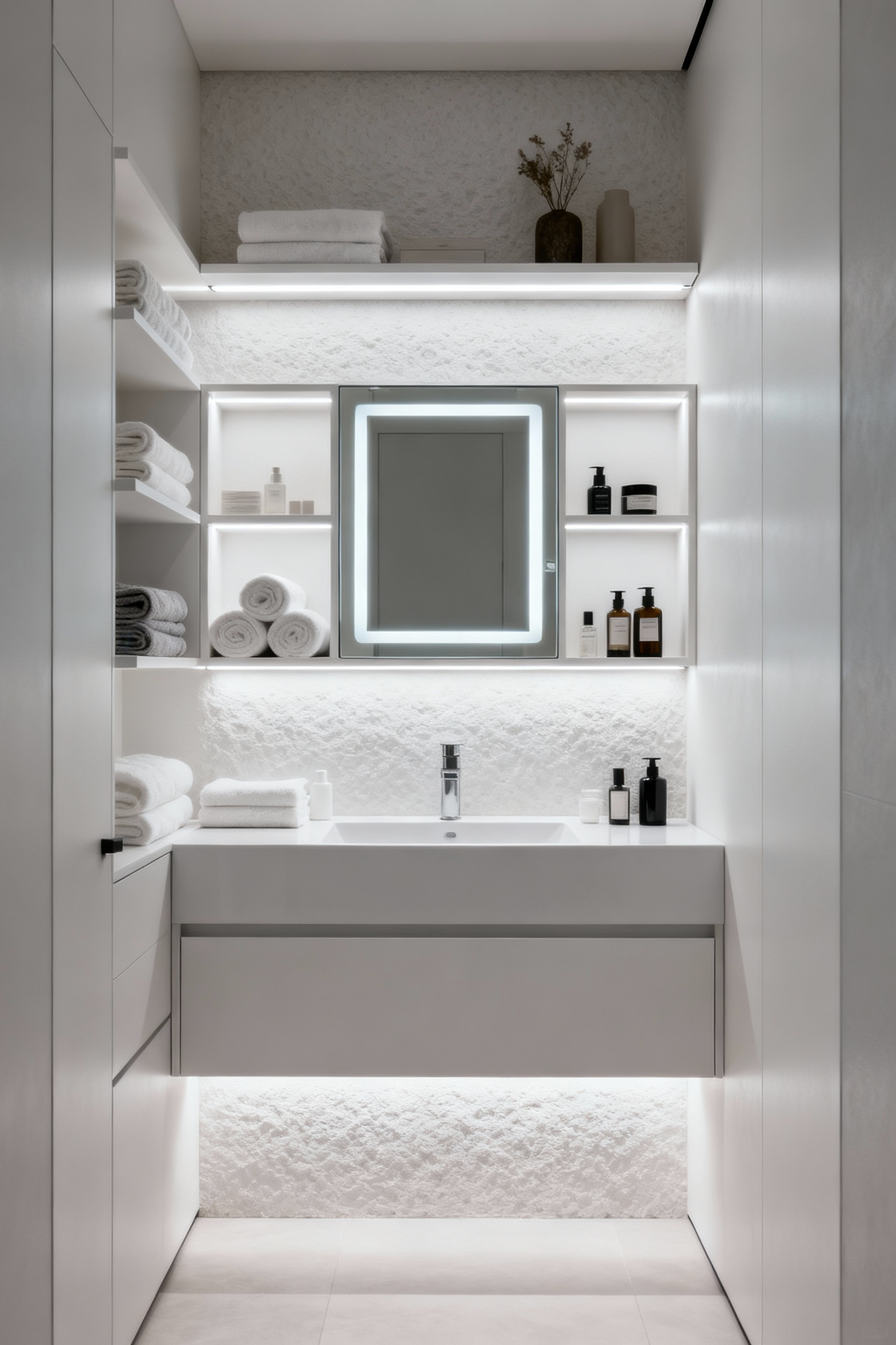 Small bathroom with smart sensor lighting integrated into floating shelves and medicine cabinet, highlighting neatly organized towels and toiletries, enhancing spatial perception.