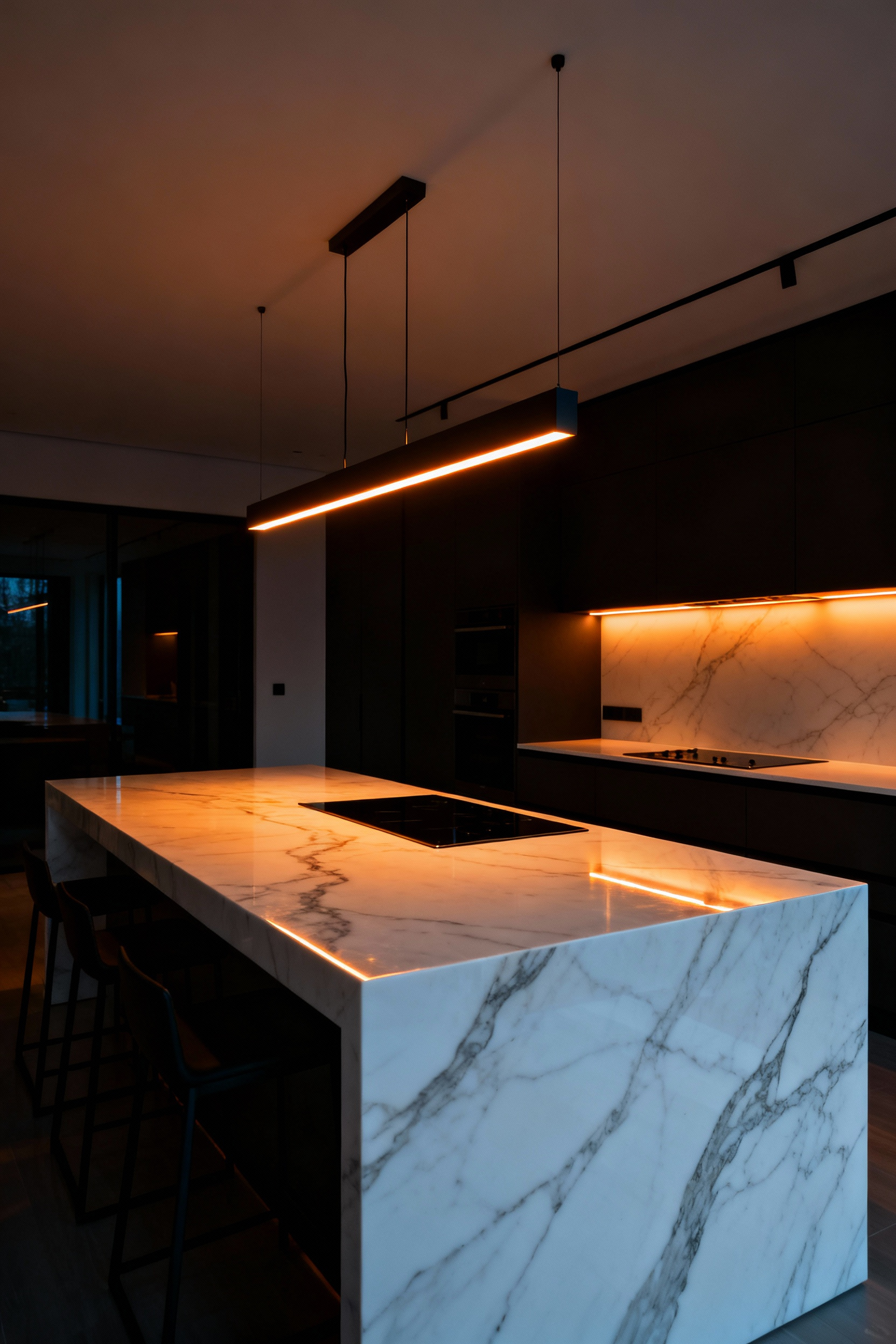 A modern kitchen island with sophisticated smart linear pendant lighting dimmed to a warm, ambient glow, illustrating a "Dinner Party Scene" setting for adaptable kitchen ecosystems.