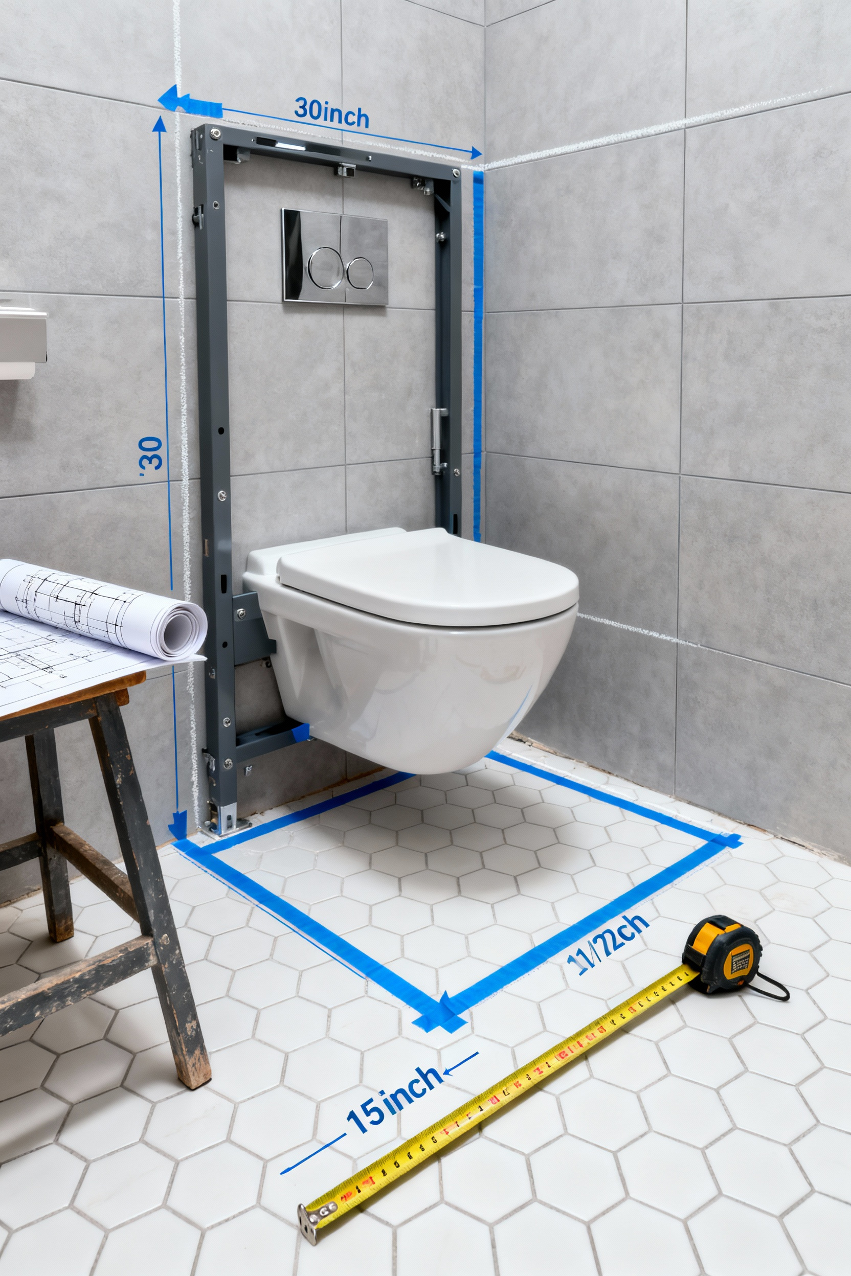 A photograph of a small, renovated bathroom with light gray tile showing measuring tape and blue lines on the floor indicating the precise 30-inch clearance zone required for a toilet fixture according to building codes.