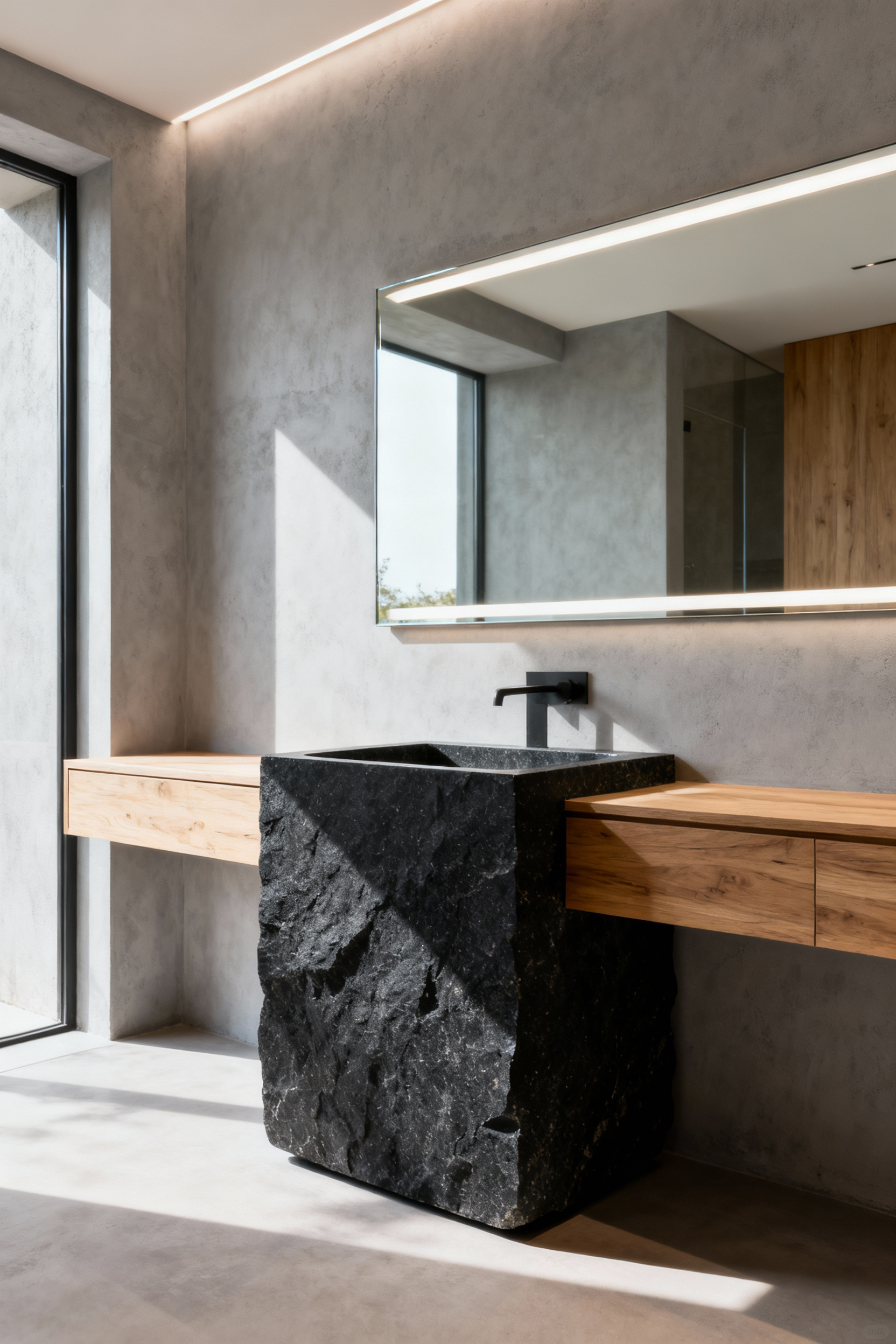 A wide view of a modern luxury bathroom featuring an integrated, heavy black granite block sink contrasting with a floating wooden vanity and a large illuminated mirror.
