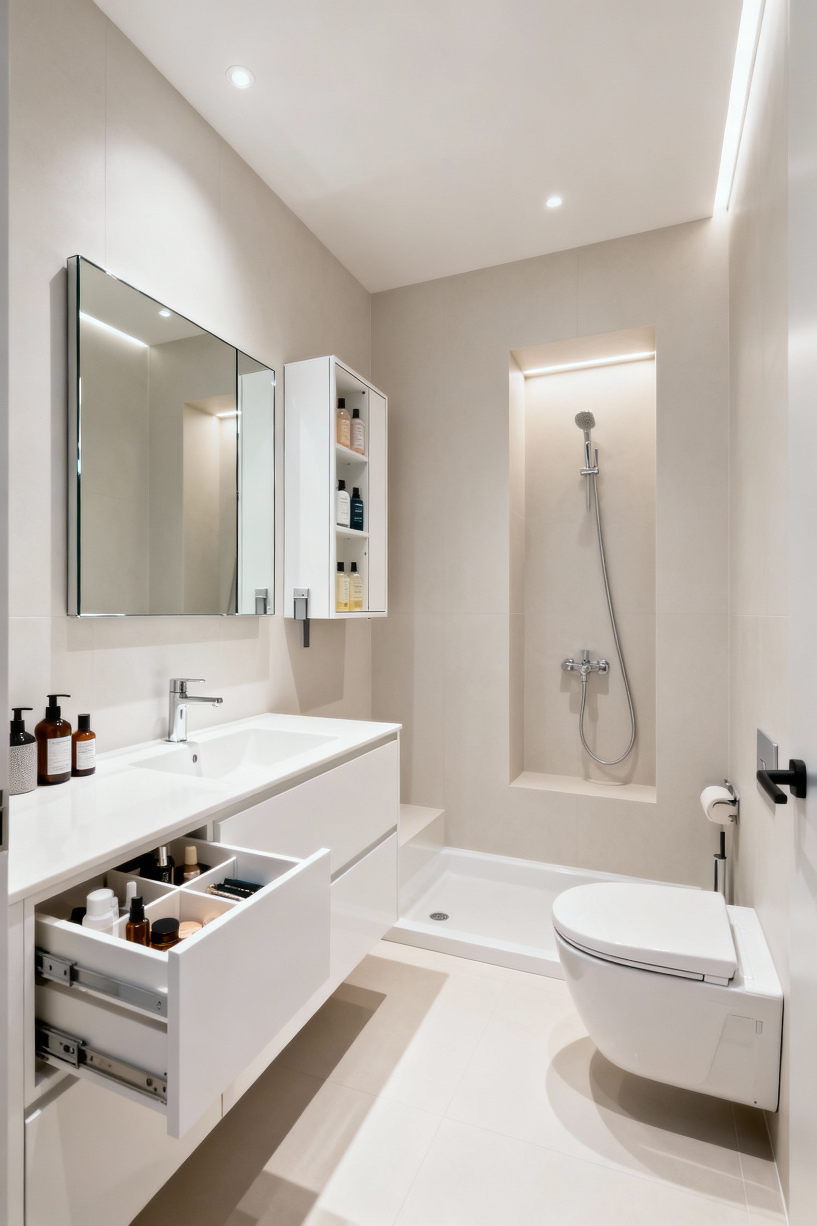 A perfectly organized small bathroom featuring distinct functional zones, with task-specific storage like integrated vanity drawers, recessed shower shelves, and slim vertical cabinets for optimal space utilization.