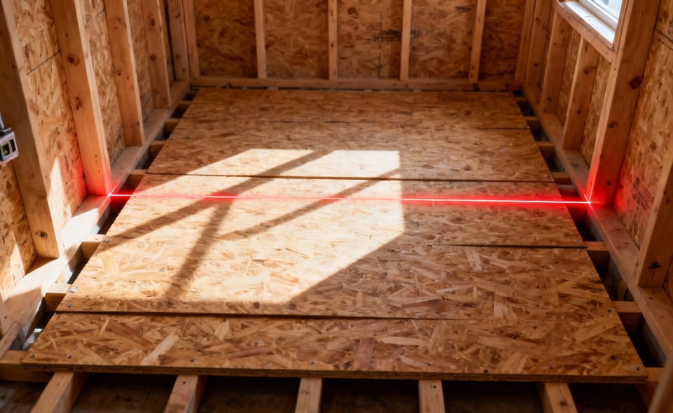 A photograph showing the structurally reinforced wooden subfloor and framework of a bathroom during the initial construction phase, highlighting the absolute levelness required for tiling longevity.