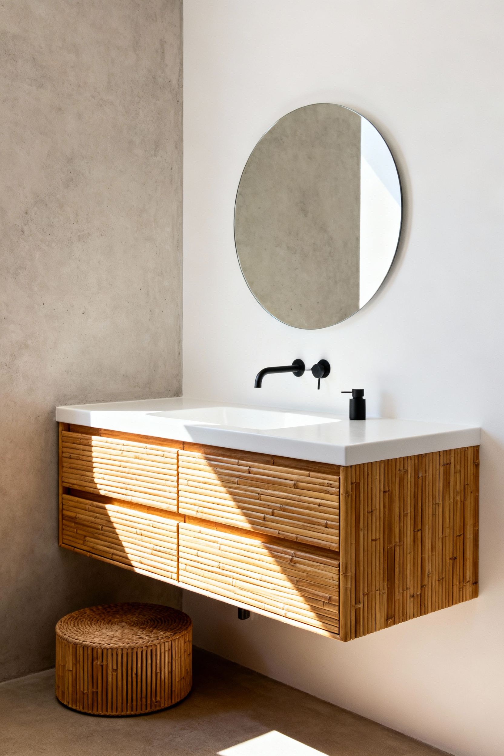 Floating bamboo bathroom vanity showcasing superior linear grain texture and organic modern style, resistant to humidity, with a matte white sink and rattan accents.