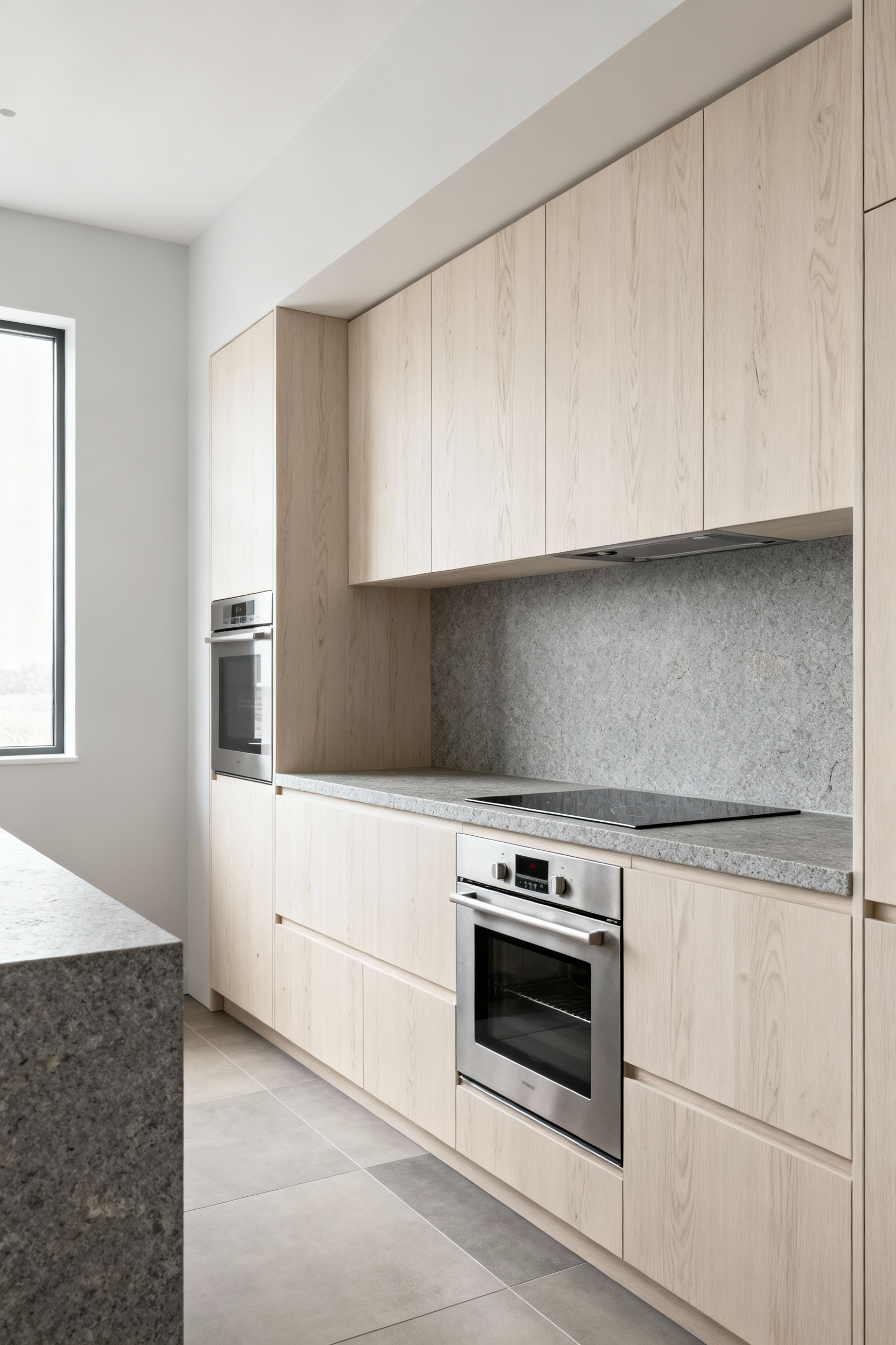 A bright, modern Scandinavian kitchen showcasing solid wood cabinetry, natural stone countertops, and sleek energy-efficient stainless steel appliances, embodying sustainable design principles.