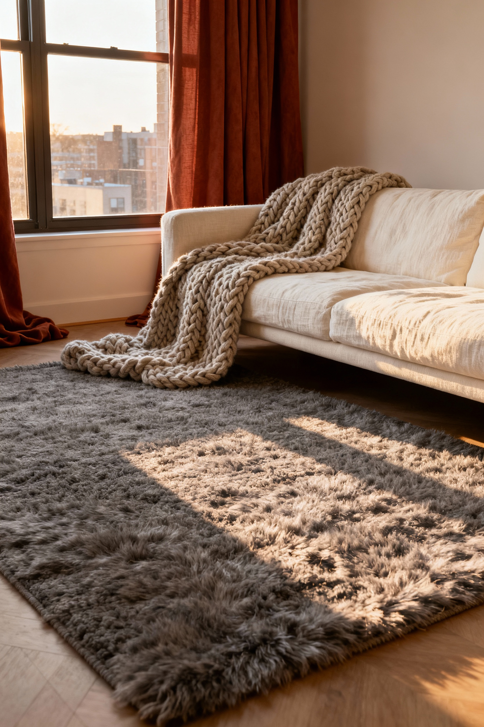 A cozy apartment living room showing strategic textile layering using heavy area rugs, linen upholstery, and chunky knit throws to create a comforting, lived-in atmosphere.