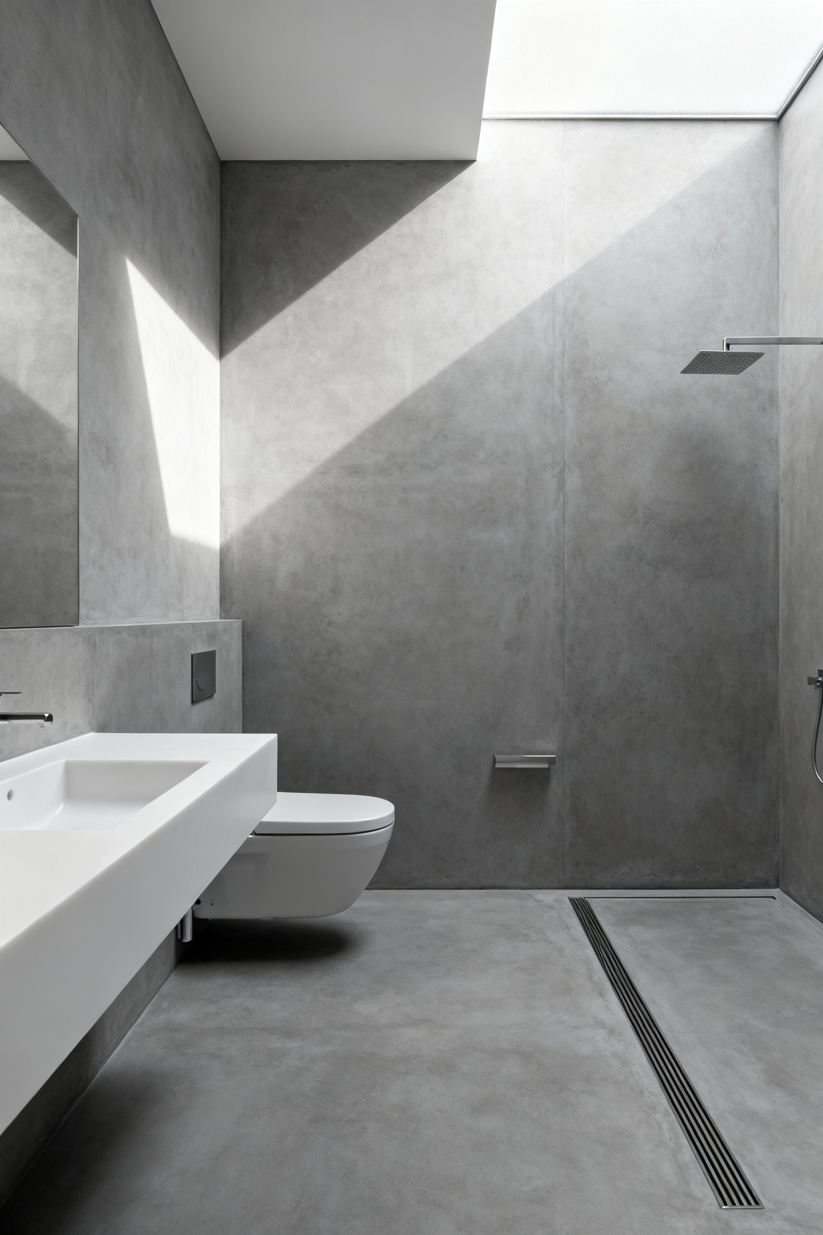 Minimalist bathroom with large-format architectural concrete, floating white vanity, wall-hung toilet, and a zero-threshold shower, designed for longevity and adaptability.
