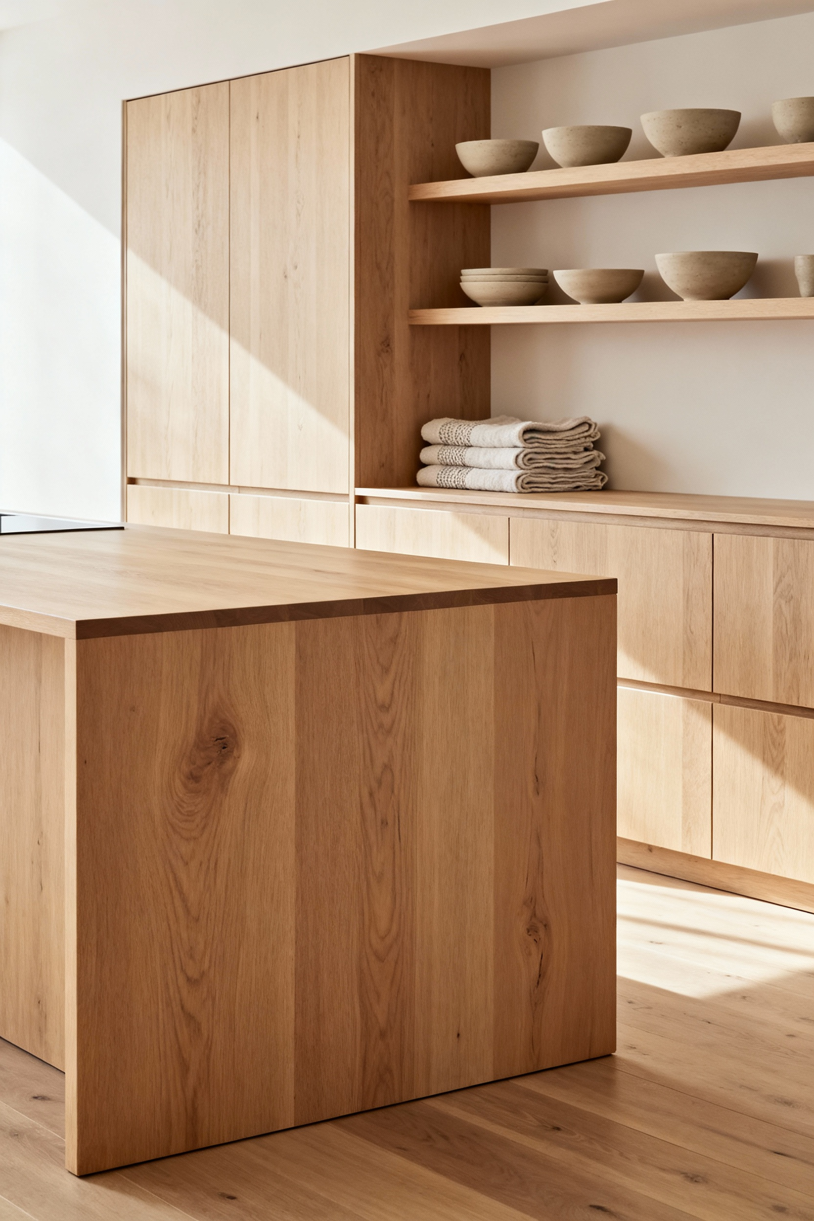 A minimalist Scandinavian kitchen with undyed pale oak cabinetry, featuring an ultra-matte finish that highlights natural wood grain, paired with light wooden flooring and ceramic accents, embodying warmth and textural depth.