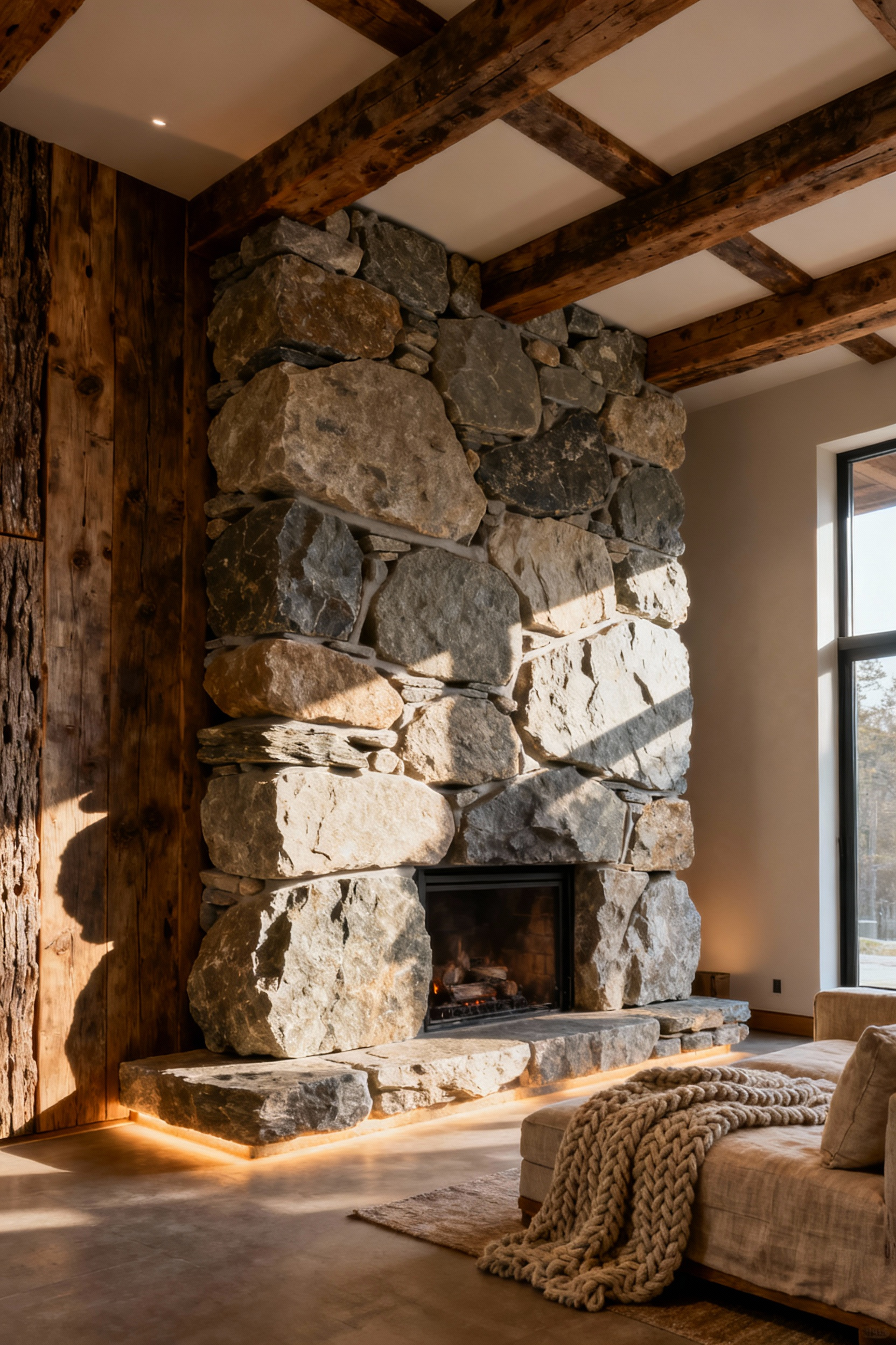 A rustic living room featuring a tall, layered unfinished natural stone fireplace wall with deep textured surfaces. Reclaimed wood beams and panels complement the stone, bathed in warm, soft lighting, creating a sense of geological resilience and grounding in the space.