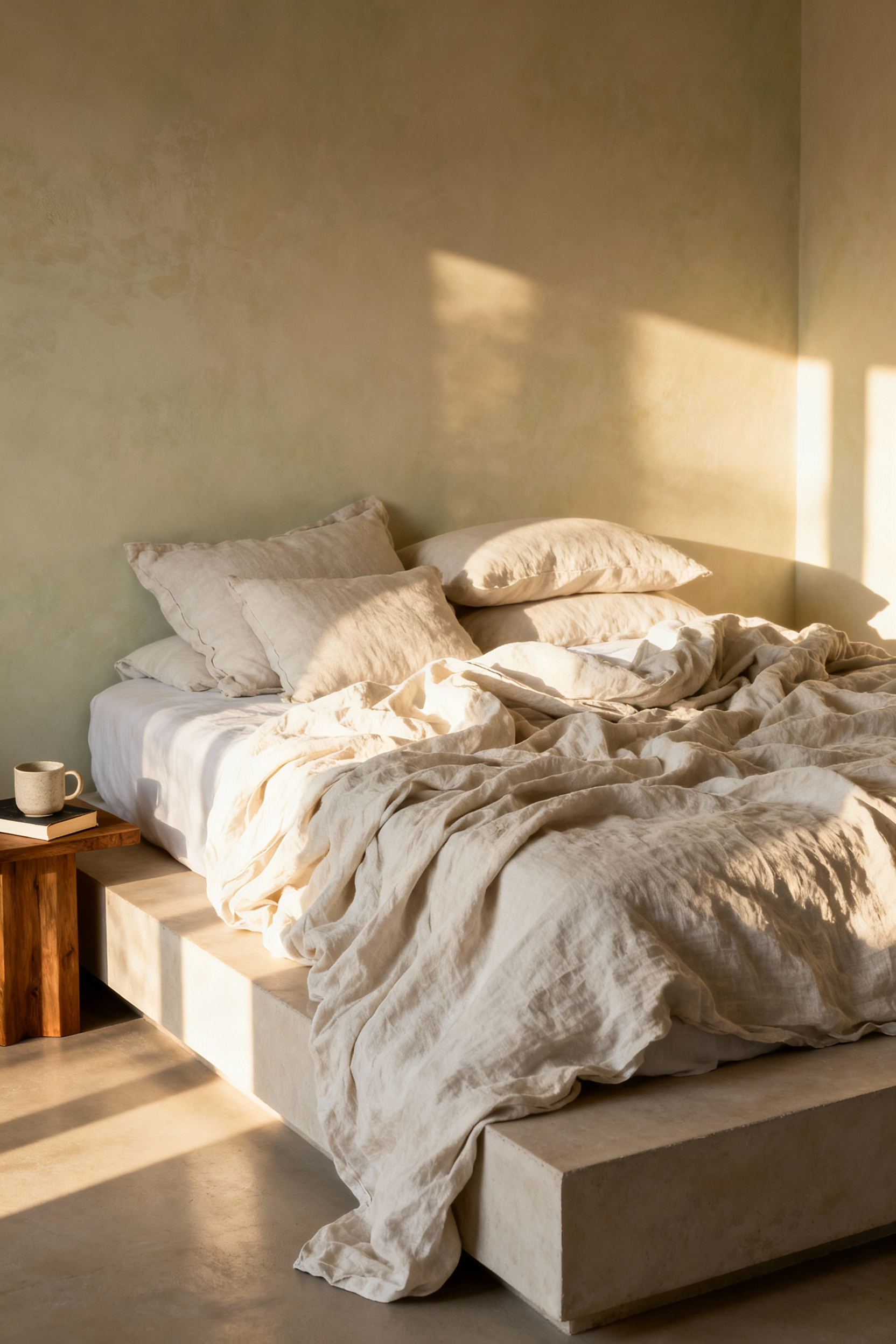 A warm, luxurious bedroom featuring a king-sized bed styled with rumpled natural linen bedding in cream and taupe, illustrating the intentionally unmade aesthetic for sophisticated relaxation.