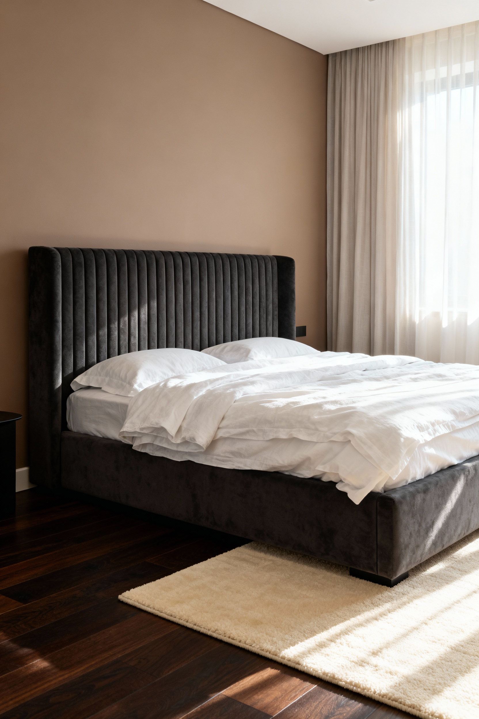 A king-sized bed with a tall, charcoal upholstered headboard anchoring a modern, peaceful bedroom designed for restful sanctuary.