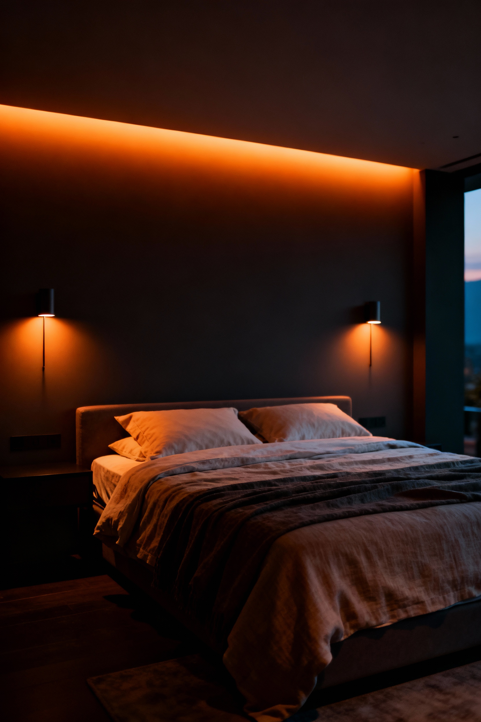 A serene, modern bedroom interior bathed in extremely warm, dimmed amber light, demonstrating how variable light intensity supports healthy circadian rhythms before sleep.