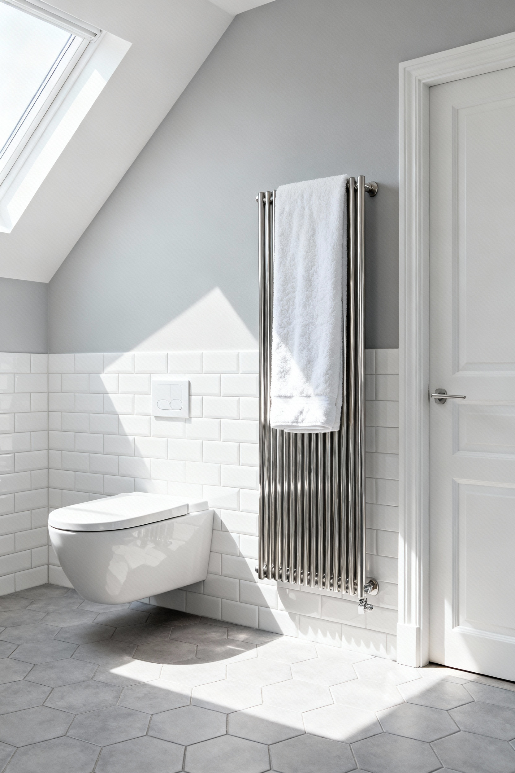 A vertical, single-column brushed stainless steel heated towel warmer mounted in a very narrow space in a small, modern gray and white bathroom, demonstrating efficient use of wall height.