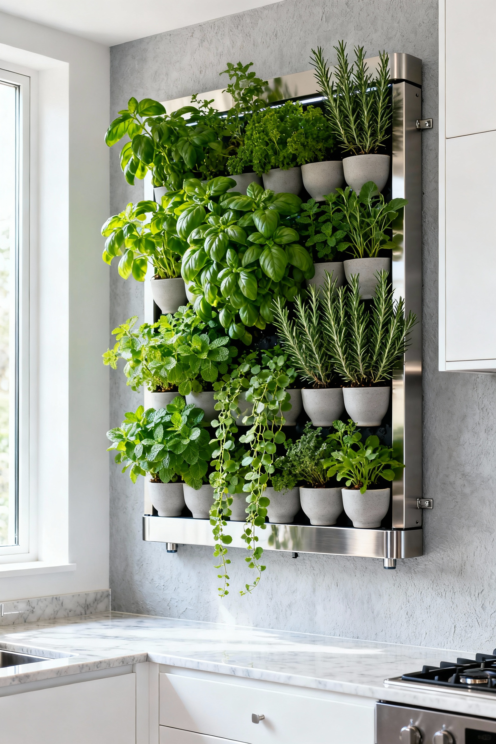 A vertical hydroponic herb garden featuring basil, mint, and rosemary mounted on a light gray wall in a modern kitchen, illustrating biophilic kitchen wall decor ideas.