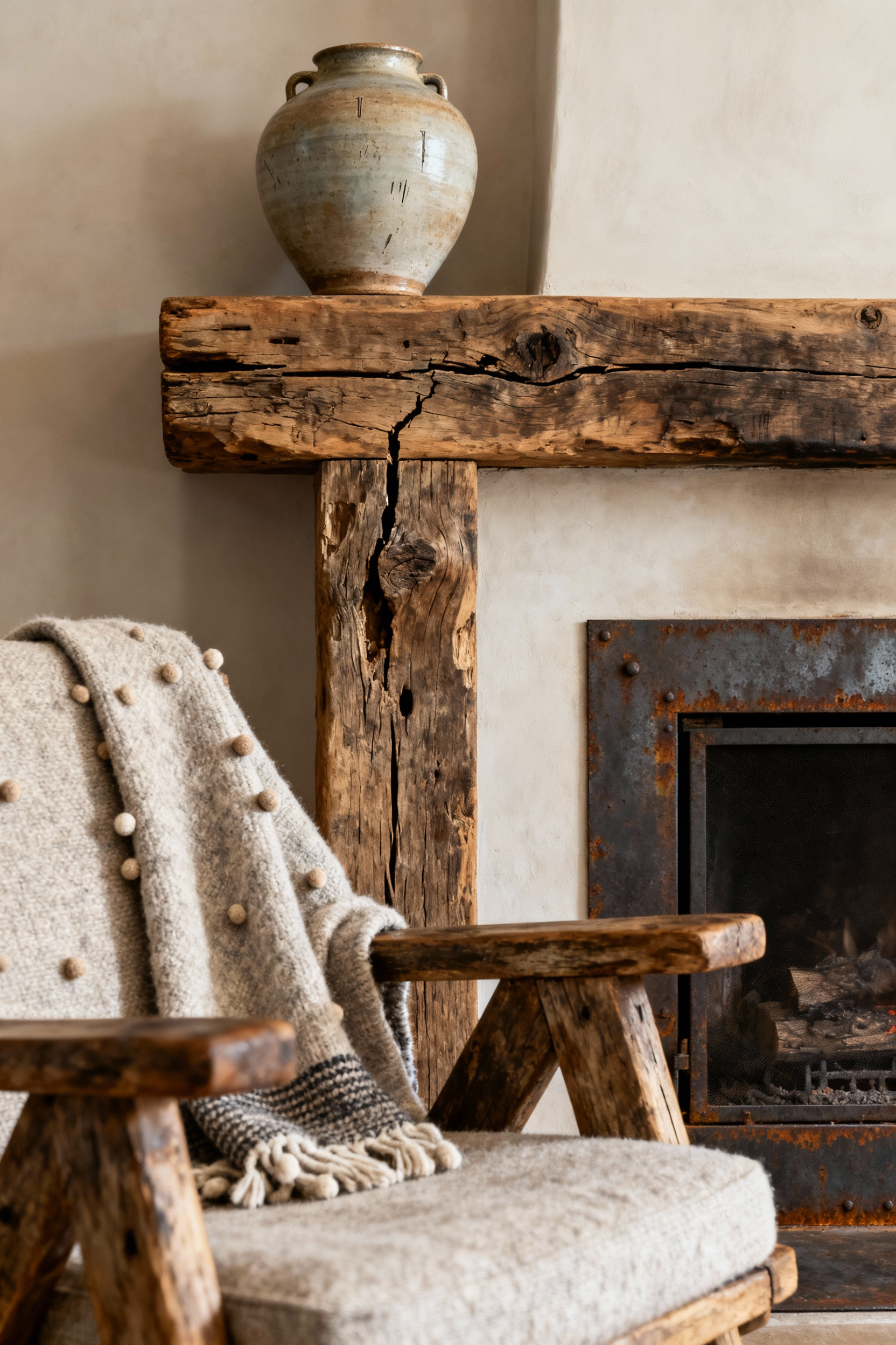A rustic living room vignette showcasing Wabi-Sabi design with an ancient oak mantel, patinated steel fireplace, and handmade ceramic, highlighting natural imperfections and textures.
